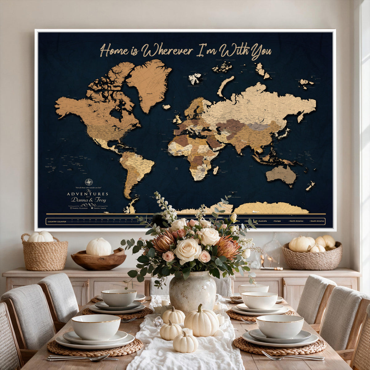 13903533-MGV-CV-36X24 - Extra Large Framed Personalize Push Pin World Map Wall Art Canvas Print for Travel Tracking