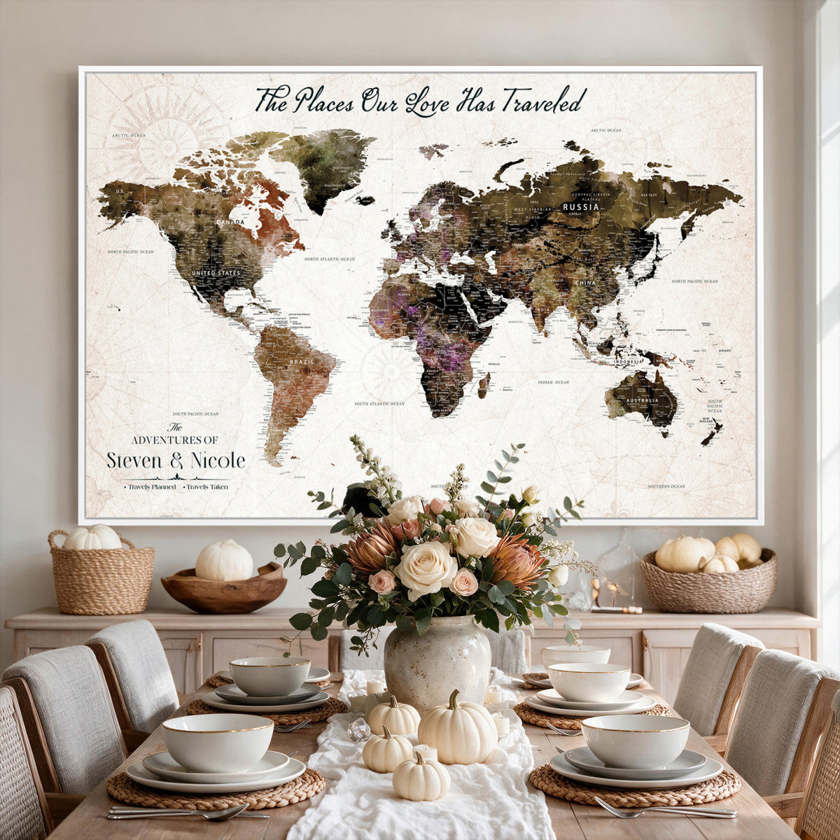 18074626D3D-MGV-CV-36X24 - Extra Large Framed Personalize Push Pin World Map Wall Art Canvas Print for Travel Tracking NEWMAP - 015