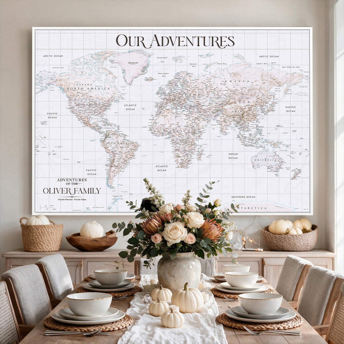 18074626D3DD-MGV-CV-36X24 - Extra Large Framed Personalize Push Pin World Map Wall Art Canvas Print for Travel Tracking NEWMAP - 015
