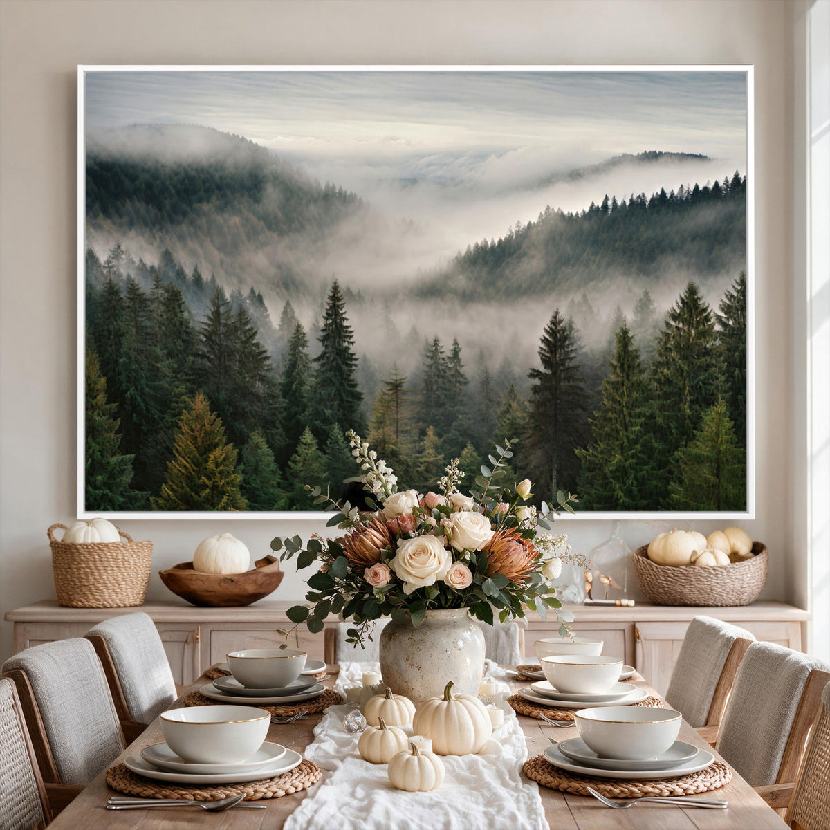 38409495-_Poster-30x20 - Misty Pine Valley Mountain Canvas Print 3 Piece Framed Wall Art Extra Large Floating Frame Nature Poster Made in USA