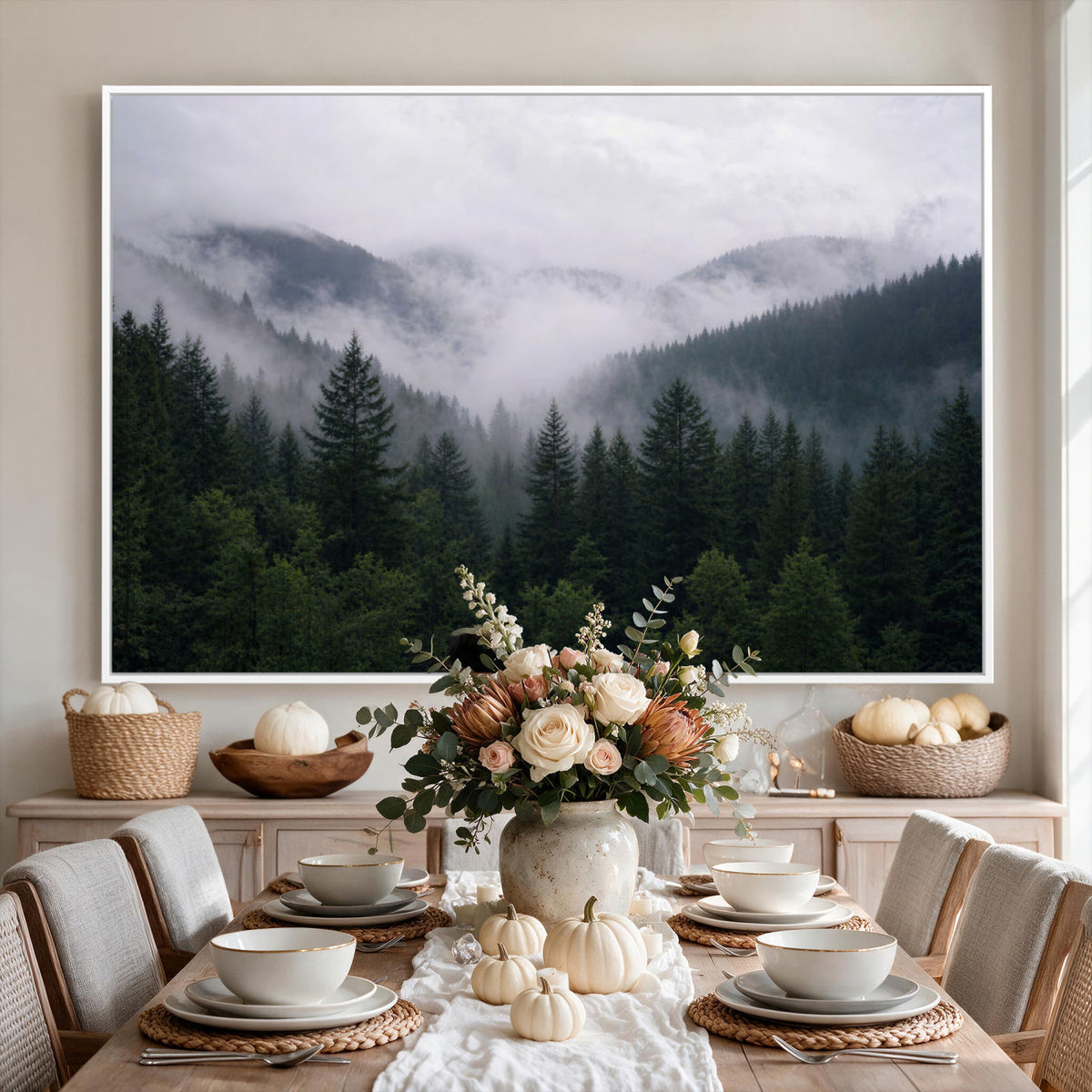 25432119-_Poster-30x20 - Misty Mountain Pine Forest Canvas Print 3 Piece Framed Wall Art Extra Large Floating Frame Nature Poster Made in USA