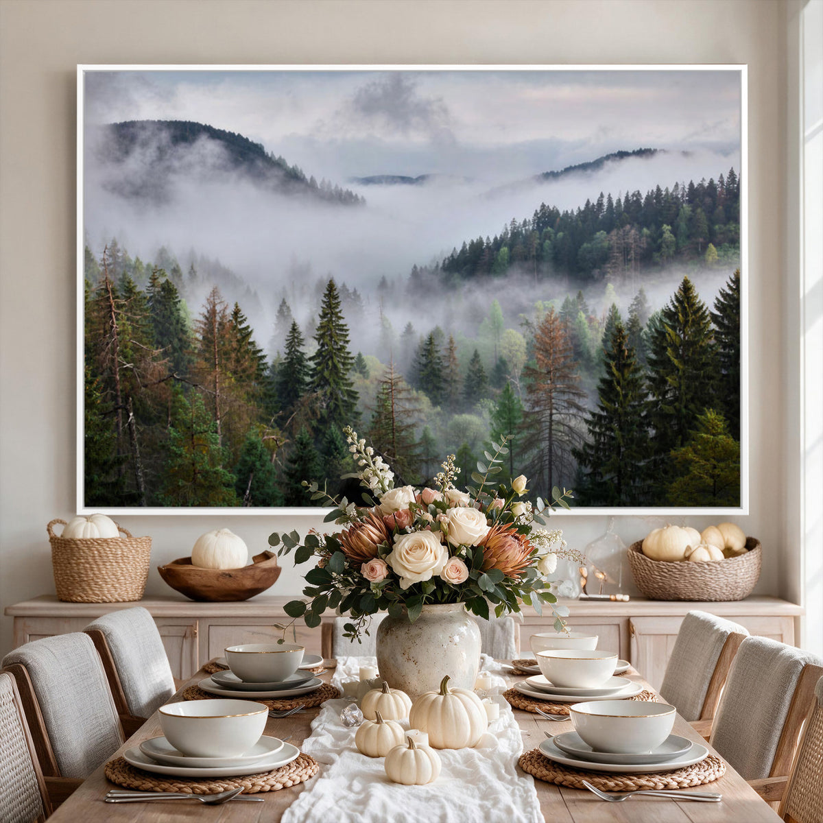 18735847-_Poster-30x20 - Foggy Pine Forest Mountain Canvas Print 3 Piece Framed Wall Art Extra Large Floating Frame Nature Poster Made in USA