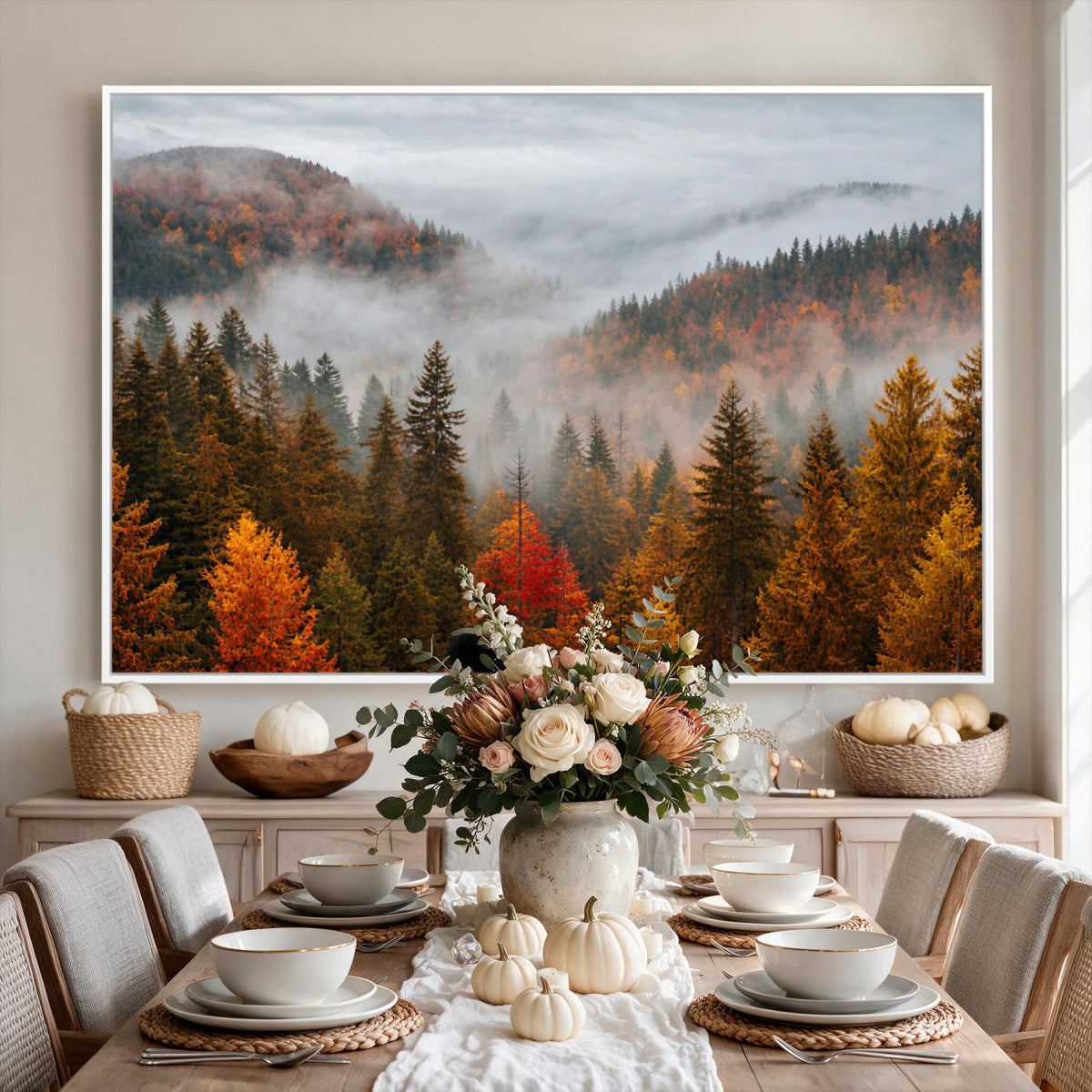 87481341-_Poster-30x20 - Foggy Autumn Mountain Canvas Print Smoky Pine Forest Wall Art Panoramic Nature Poster 3 Piece Made in USA