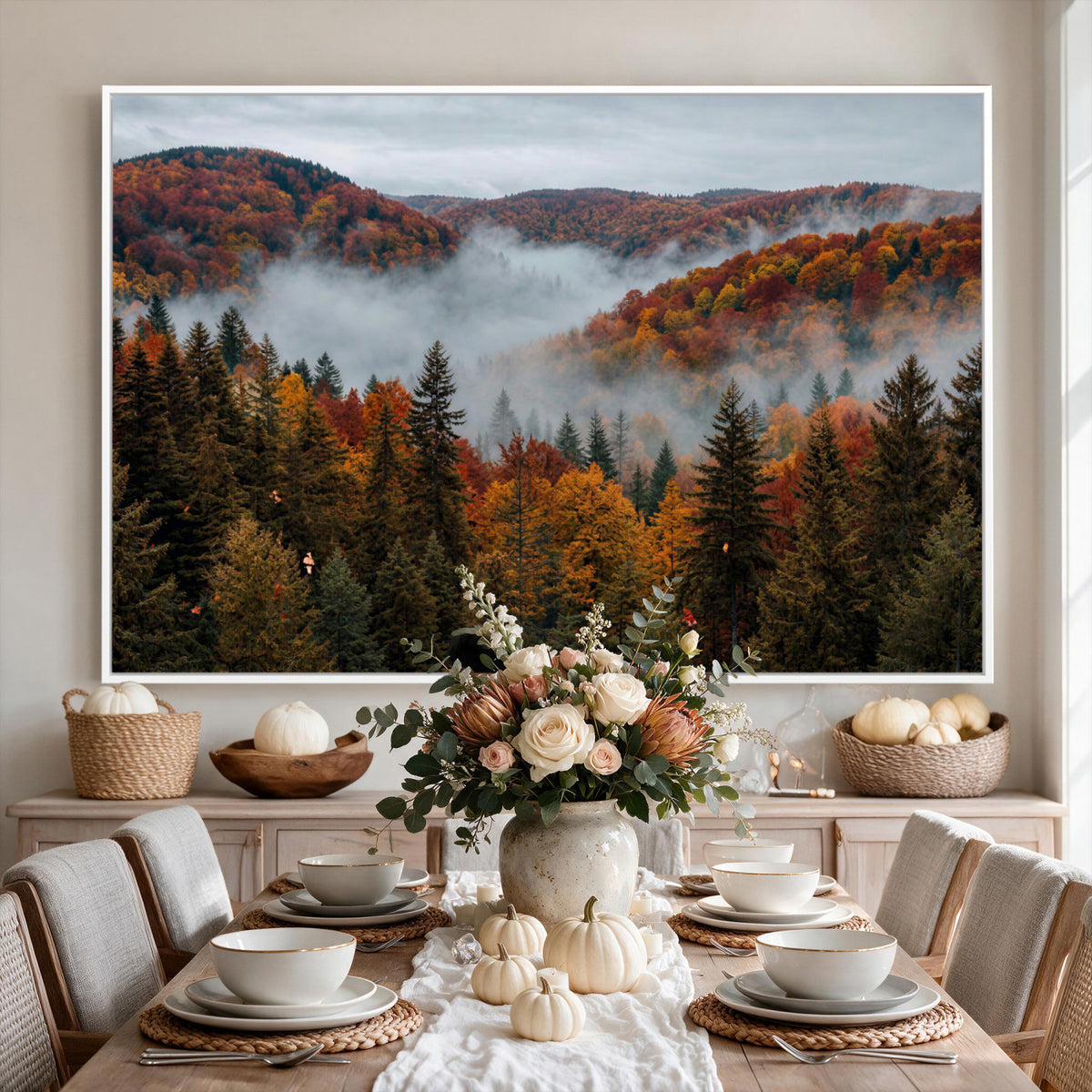 26686263-_Poster-30x20 - Misty Autumn Forest Mountain Canvas Print 3 Panel Wall Art Gallery Wrapped Floating Frame Poster Made in USA