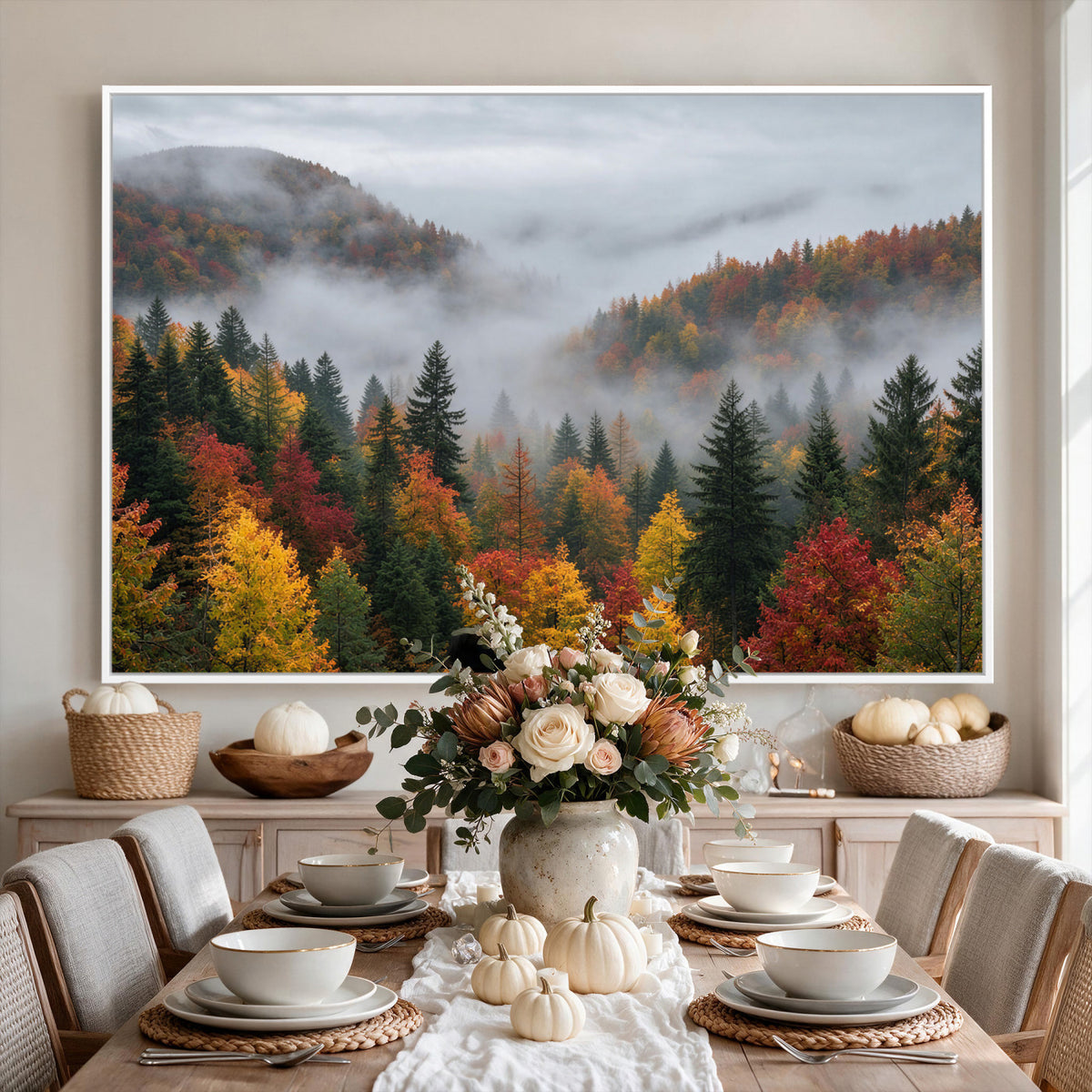 47877083-_Poster-30x20 - Fall Forest Misty Mountain Canvas Print Smoky Mountain Landscape Wall Art Autumn Trees Nature Poster Printing