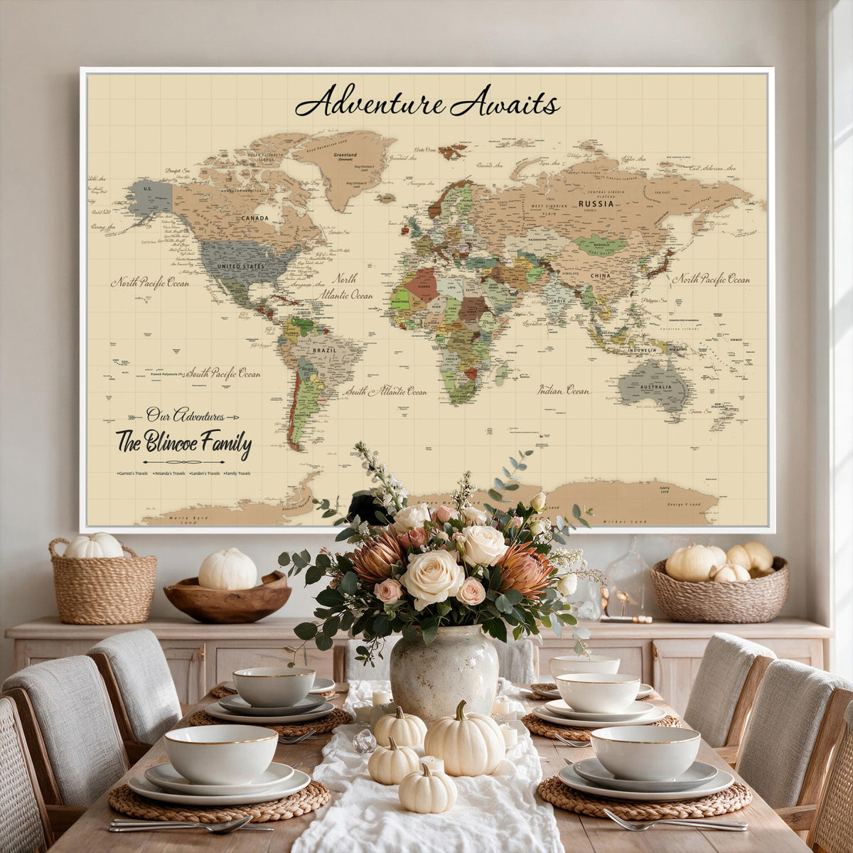 25730261D-MGV-CV-36X24 - Custom Push Pin World Map Wall Art Canvas Print | Personalized Travel Tracker with Pins Framed Large for Home and Office Decor