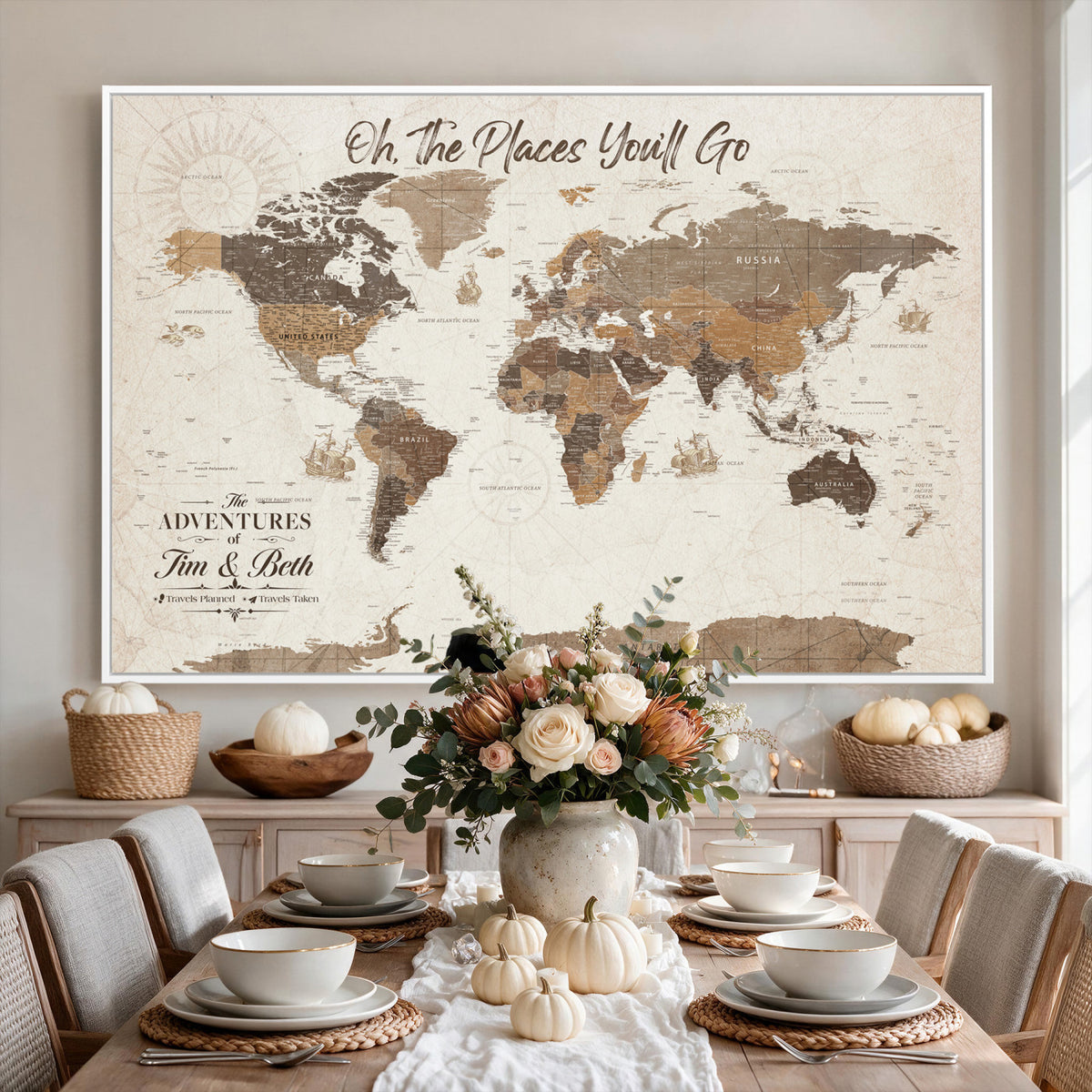NEWMAP-8D-MGV-CV-36X24 - Custom Push Pin World Map Wall Art Canvas Print | Personalized Travel Tracker with Pins Framed Large for Home and Office Decor - NEWMAP-8