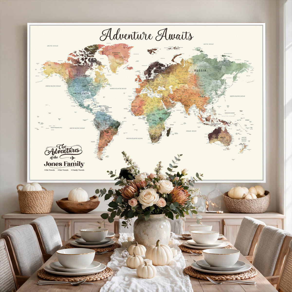 NEWMAP-7D-MGV-CV-36X24 - Custom Push Pin World Map Wall Art Canvas Print | Personalized Travel Tracker - NEWMAP-7