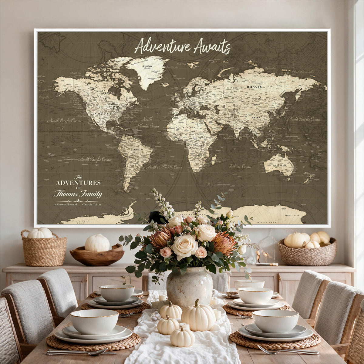 27762875D-MGV-CV-36X24 - Custom Push Pin World Map Wall Art Canvas Print | Personalized Travel Tracker with Pins Framed Large for Home and Office Decor