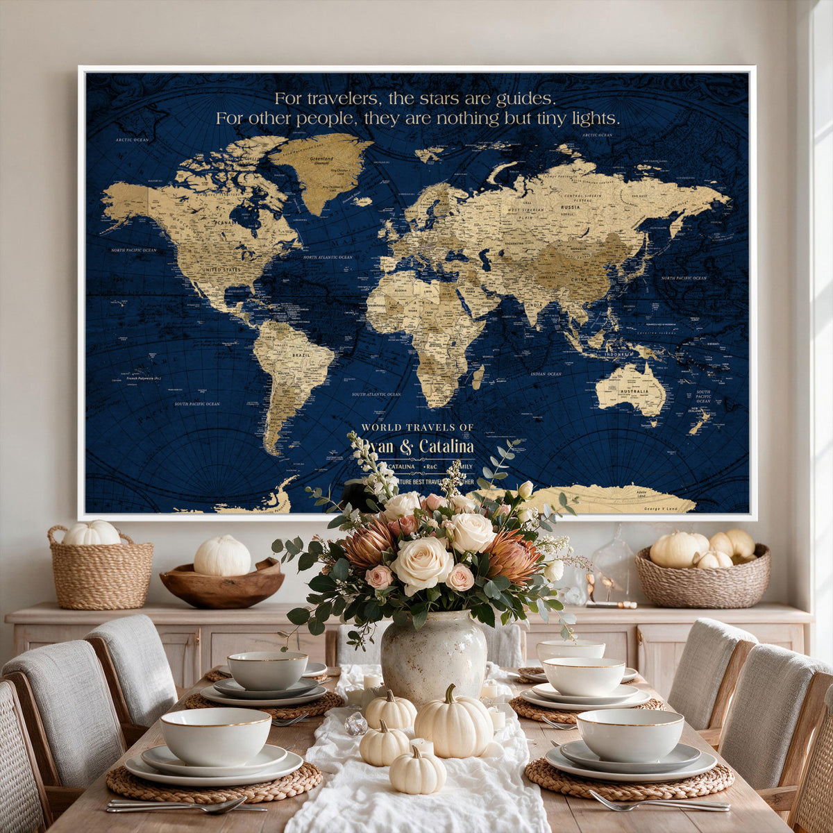71667510D-MGV-CV-36X24 - Custom Push Pin World Map Wall Art Canvas Print | Personalized Travel Tracker with Pins Framed Large for Home and Office Decor