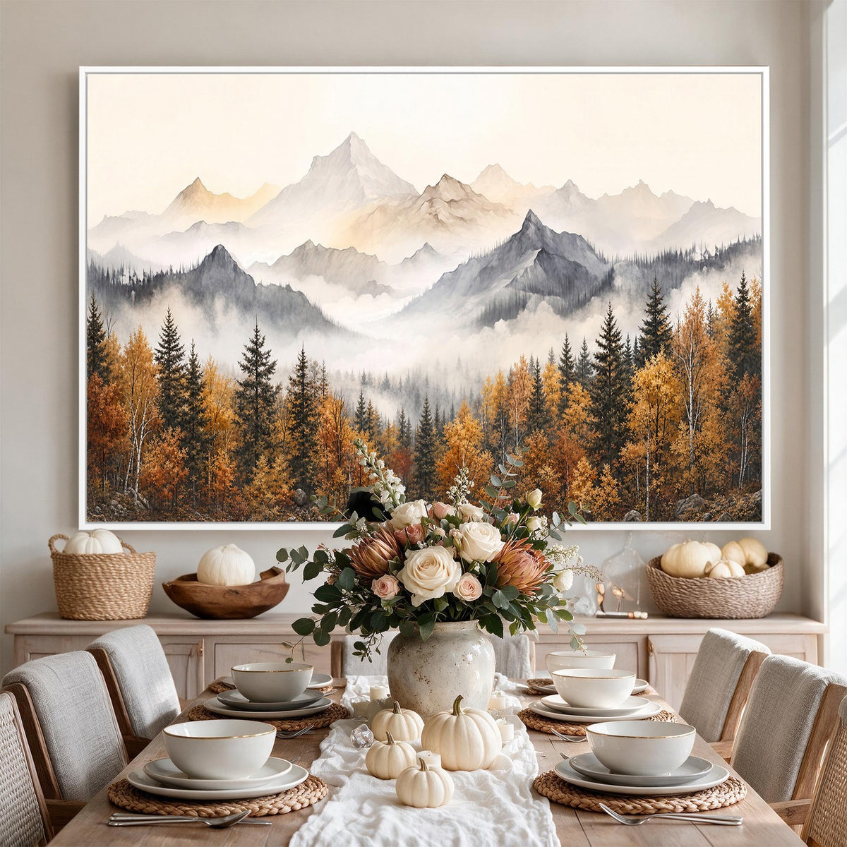19544118-_Poster-30x20 - Misty Mountain Autumn Forest Canvas Wall Art - Watercolor Fall Nature Landscape Print
