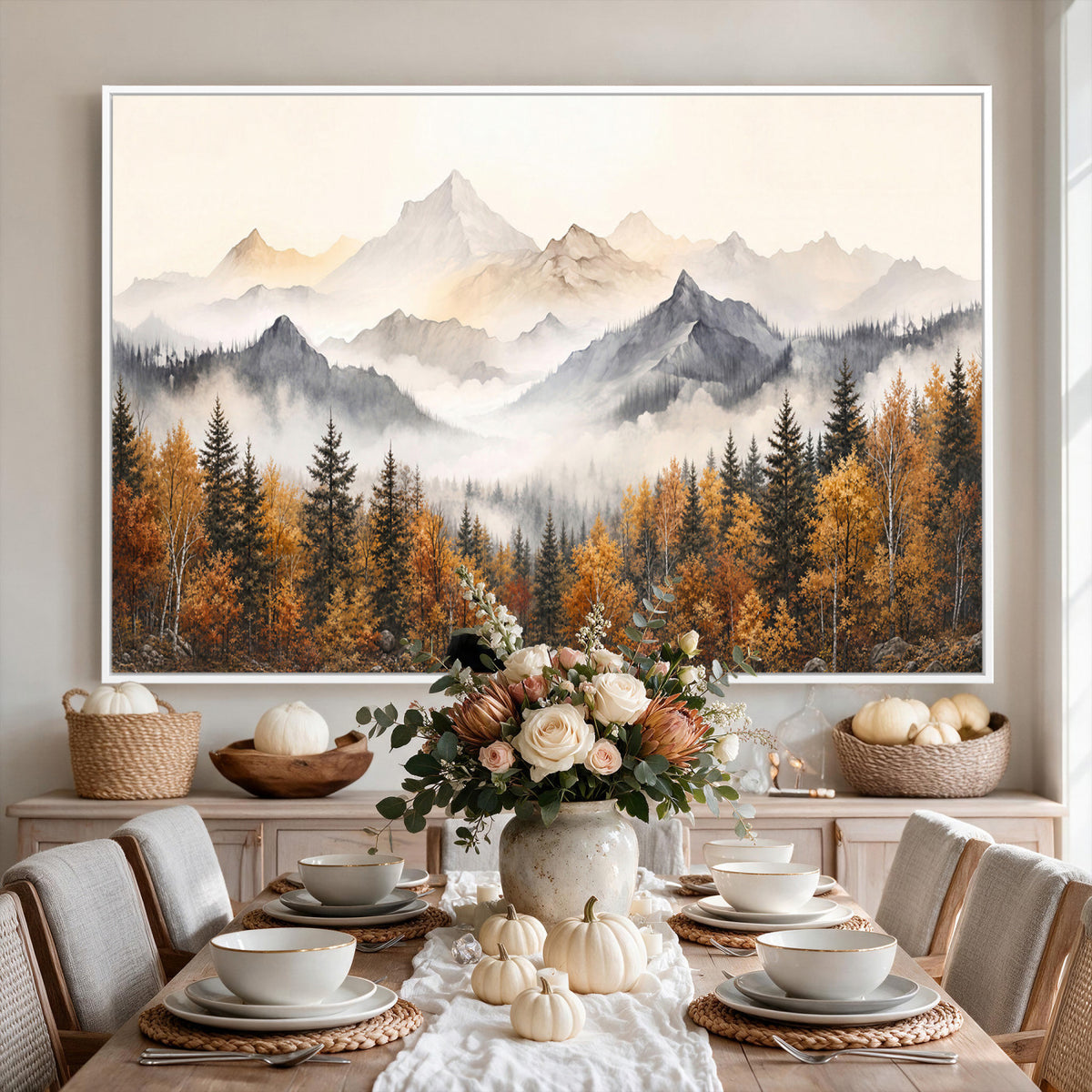 19544118-MGV-TP-30X20 - Misty Mountain Autumn Forest Canvas Wall Art - Watercolor Fall Nature Landscape Print
