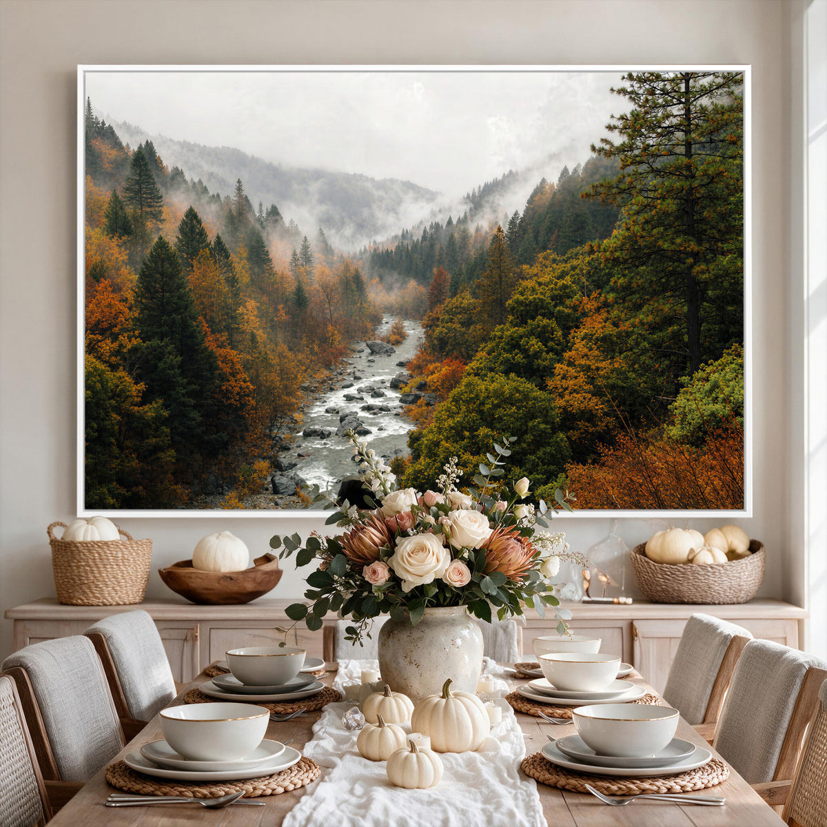 95540697-MGV-TP-30X20 - Misty River Mountain Valley Canvas Wall Art - Autumn Forest Landscape Nature Print