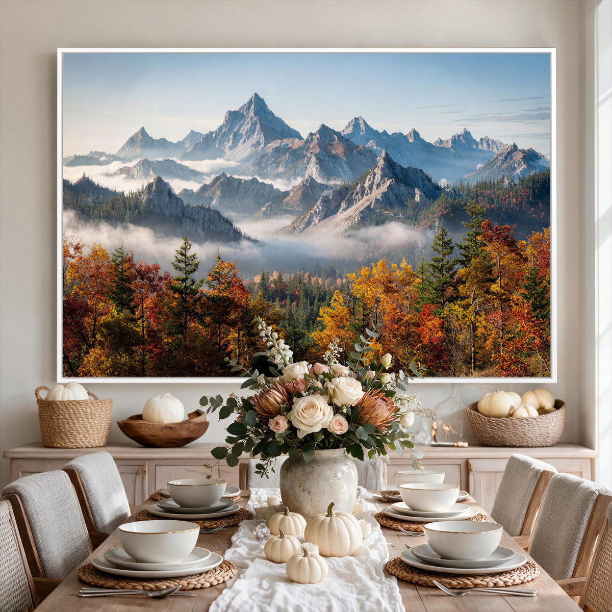 38847944-MGV-TP-30X20 - Majestic Mountain Peak Canvas Wall Art - Panoramic Autumn Forest Fog Landscape Print