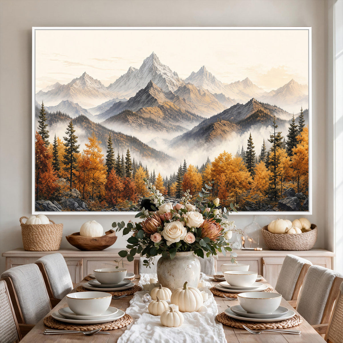 21309099-MGV-TP-30X20 - Extra Large Misty Mountain Autumn Forest Canvas Wall Art - Watercolor Fall Nature Landscape Print