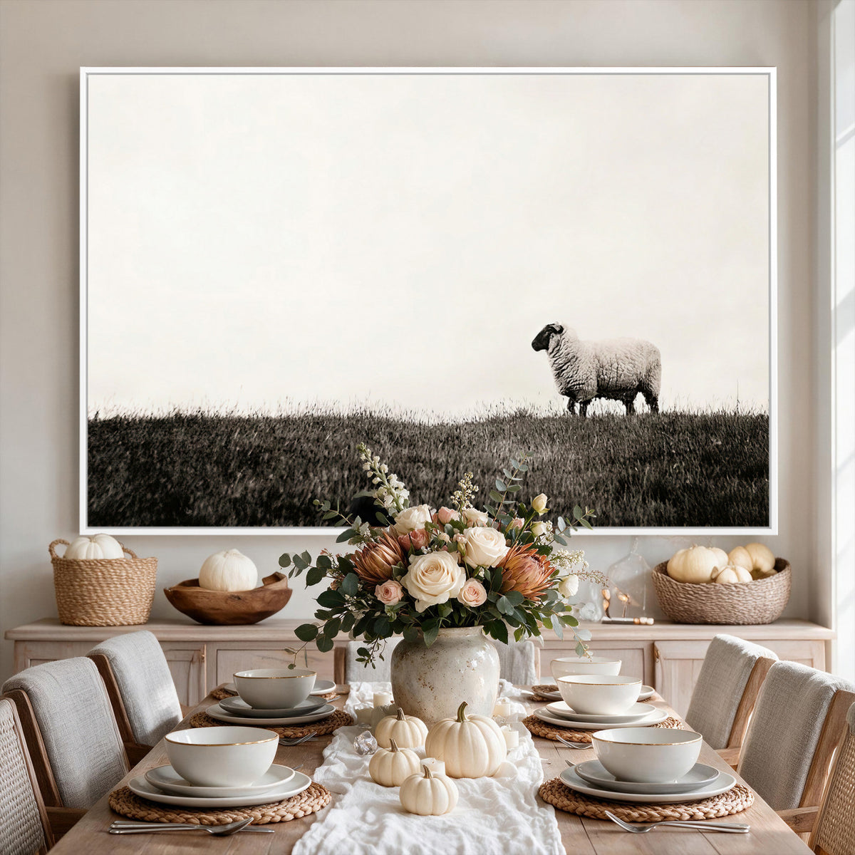 72749448-MGV-TP-30X20 - Minimalist Sepia Sheep Canvas Wall Art - Rustic Farmhouse Country Landscape Print