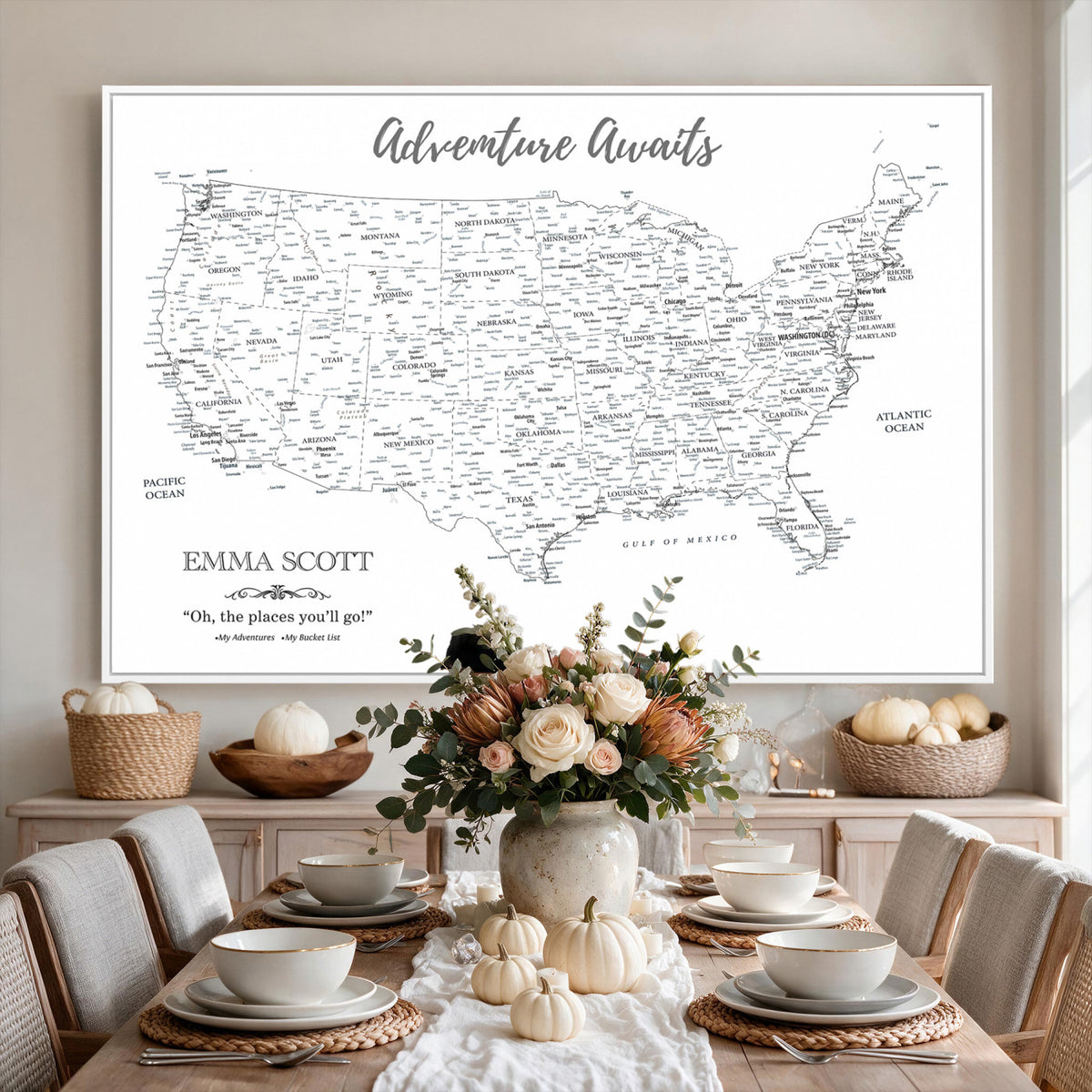 73634814-MGV-CV-36X24 - Custom USA Push Pin Travel Map Canvas Wall Art - Personalized Couples Gift Flat Digital Print