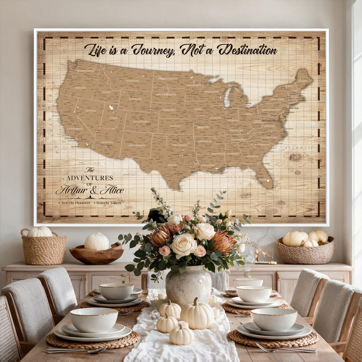 82934328-MGV-CV-36X24 - Custom USA Push Pin Travel Map Canvas Wall Art - Personalized Couples Gift Flat Digital Print