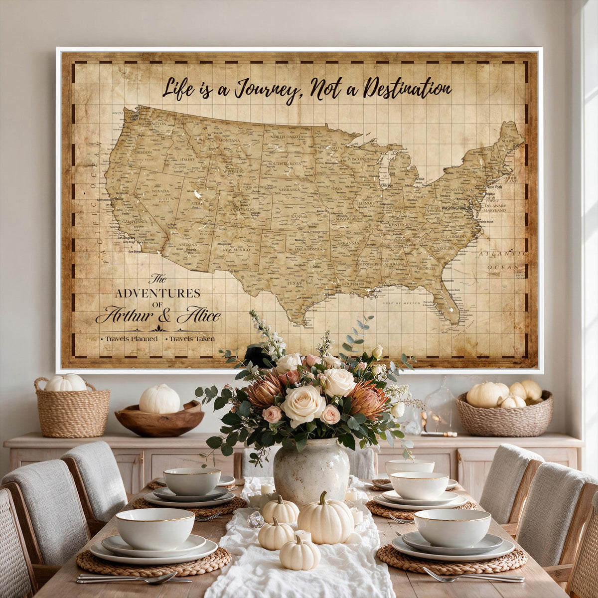 90686209-MGV-CV-36X24 - Custom USA Push Pin Travel Map Canvas Wall Art - Personalized Couples Gift Flat Digital Print