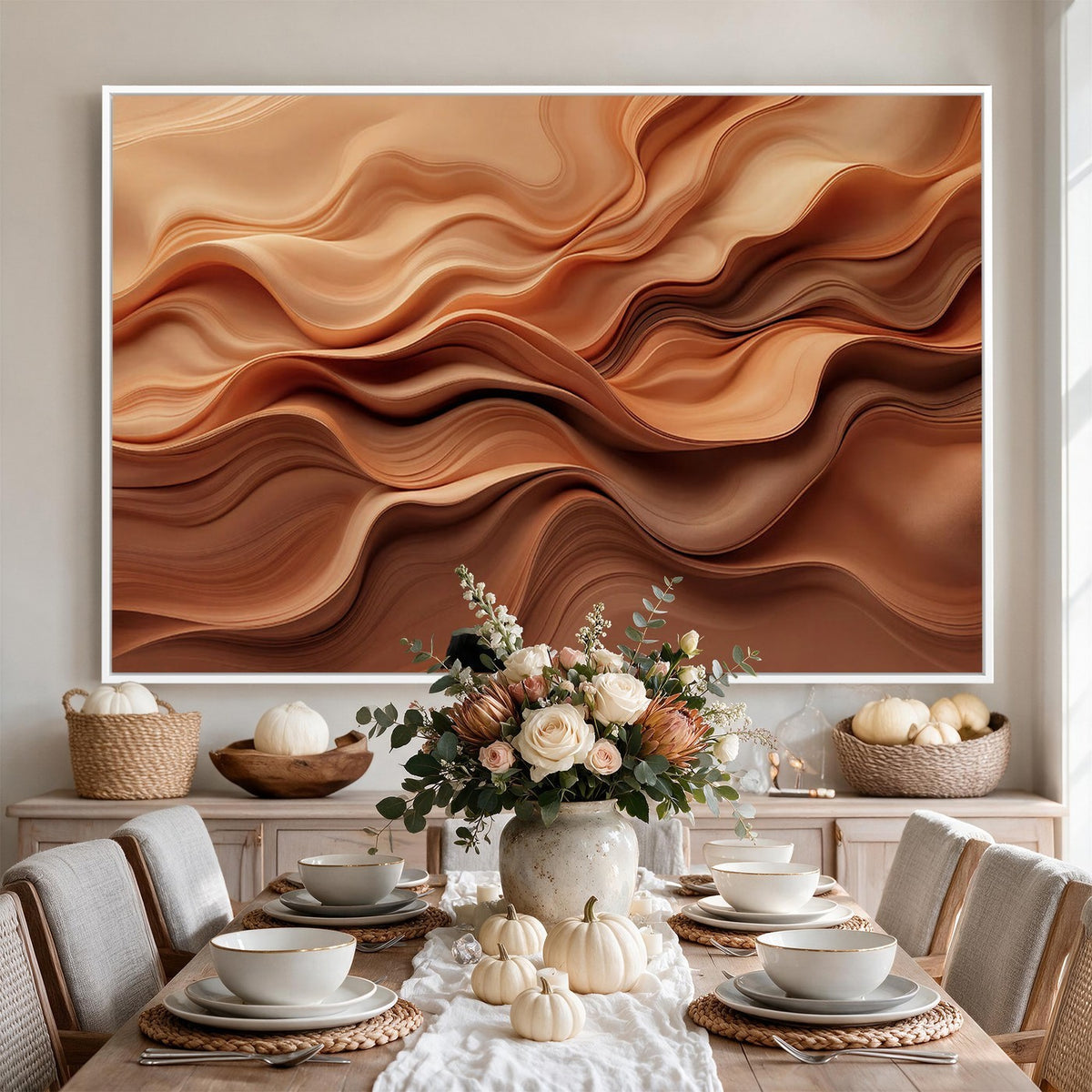 82230697-_Poster-30x20 - Modern Abstract Fluid Waves Canvas Wall Art - Minimalist Warm Terracotta Beige Sand Print
