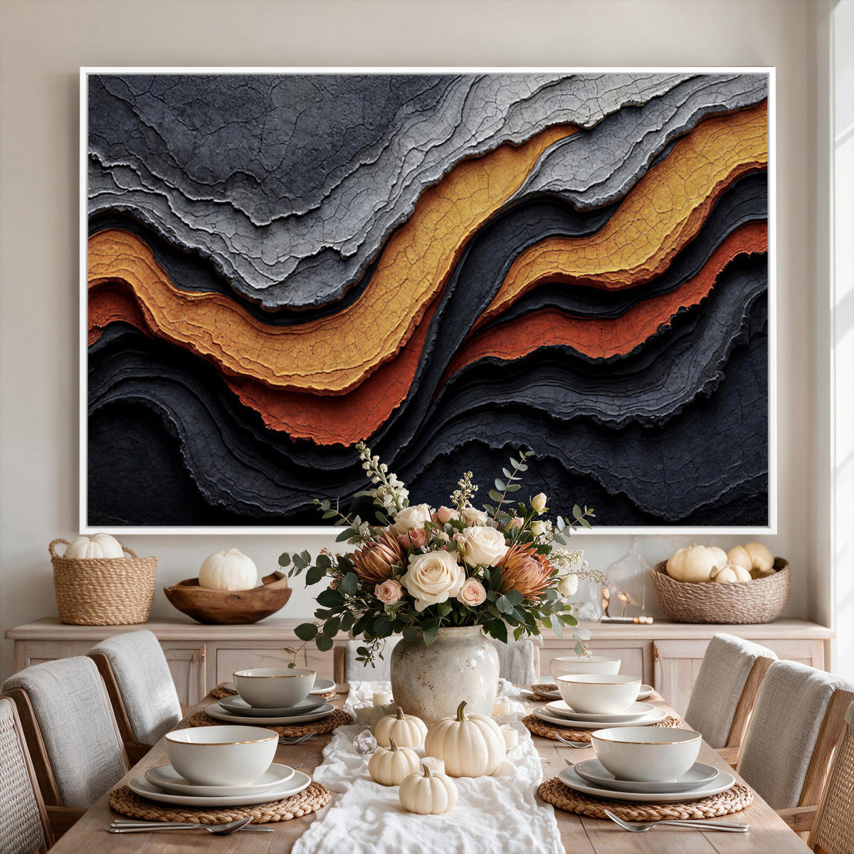 59852489-MGV-CV-36X24 - Abstract Waves Canvas Wall Art - Modern Terracotta and Charcoal Gray Print