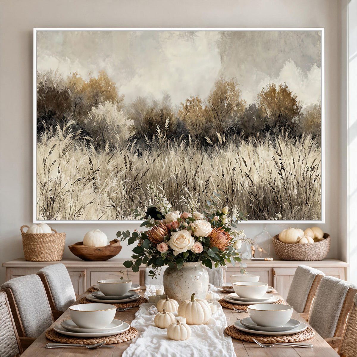 53959945-MGV-TP-30X20 - Muted Neutral Forest Landscape Canvas Wall Art - Vintage Rustic Wildflower Meadow Print