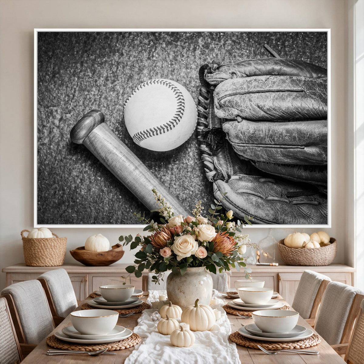 83916D-MGV-CV-36X24 - Vintage Baseball Glove and Bat Sports Wall Art Canvas Print