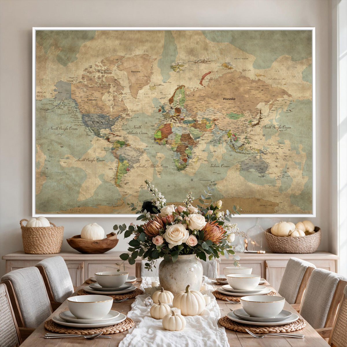 20795898D-MGV-CV-36X24 - Custom Push Pin World Map Wall Art Canvas Print – Personalized Travel Tracker with Pins Framed Large for Home and Office Decor