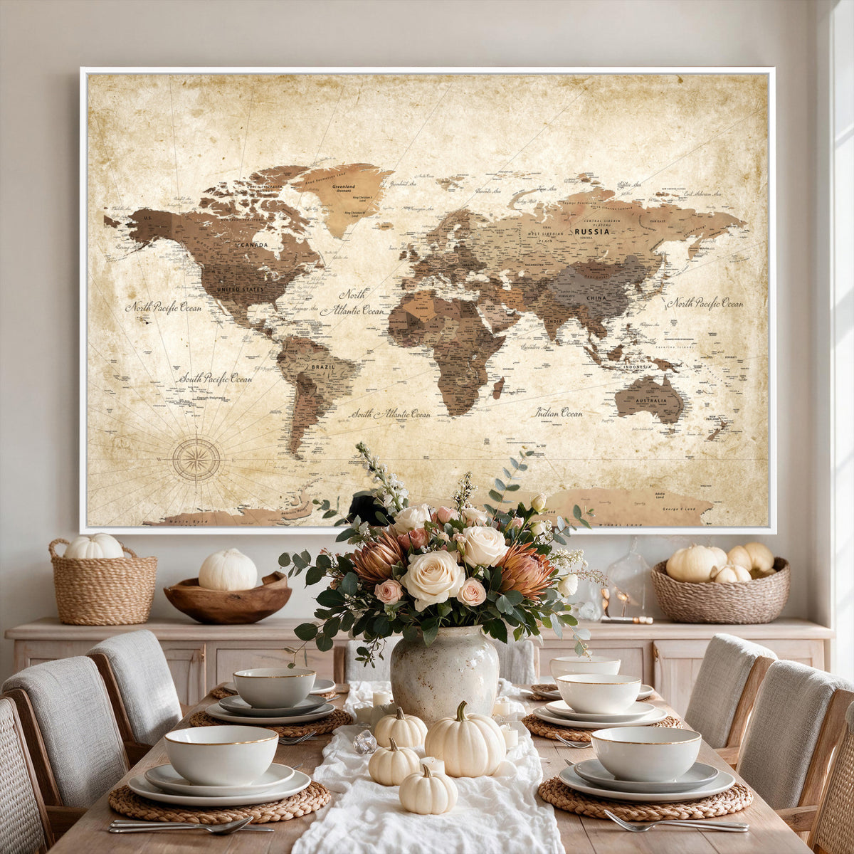 69154703D-MGV-CV-36X24 - Custom Push Pin World Map Wall Art Canvas Print – Personalized Travel Tracker with Pins Framed Large for Home and Office Decor