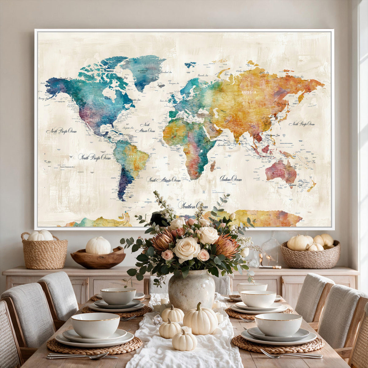 53654999D-MGV-CV-36X24 - Custom Push Pin World Map Wall Art Canvas Print – Personalized Travel Tracker with Pins Framed Large for Home and Office Decor