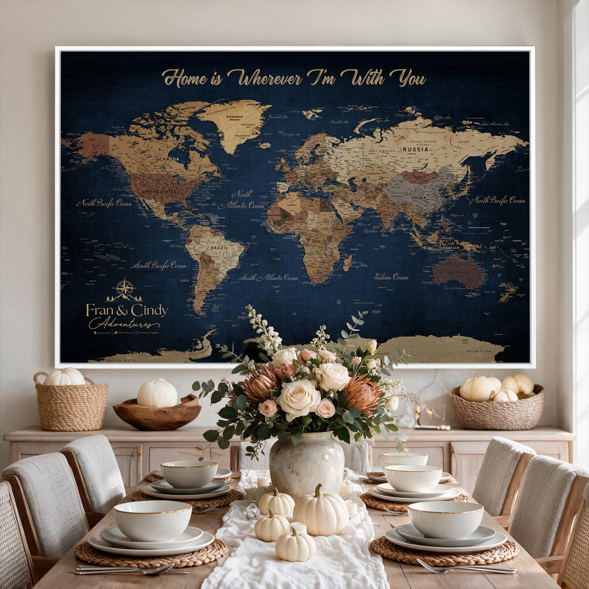 57774467D-MGV-CV-36X24 - Custom Push Pin World Map Wall Art Canvas Print – Personalized Travel Tracker with Pins Framed Large for Home and Office Decor