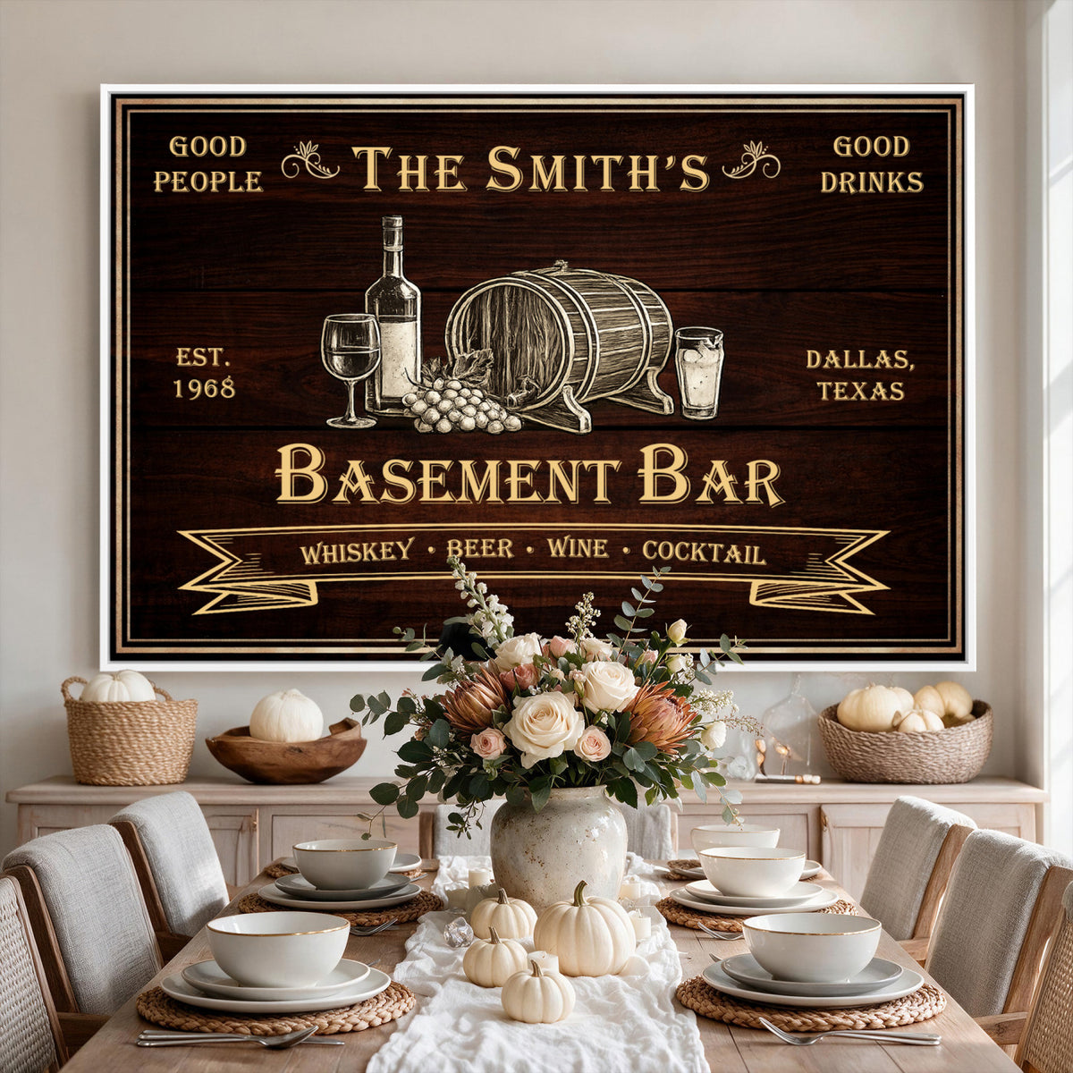 Custom Basement Bar Sign Canvas, Personalized Family Home Bar Wall Art