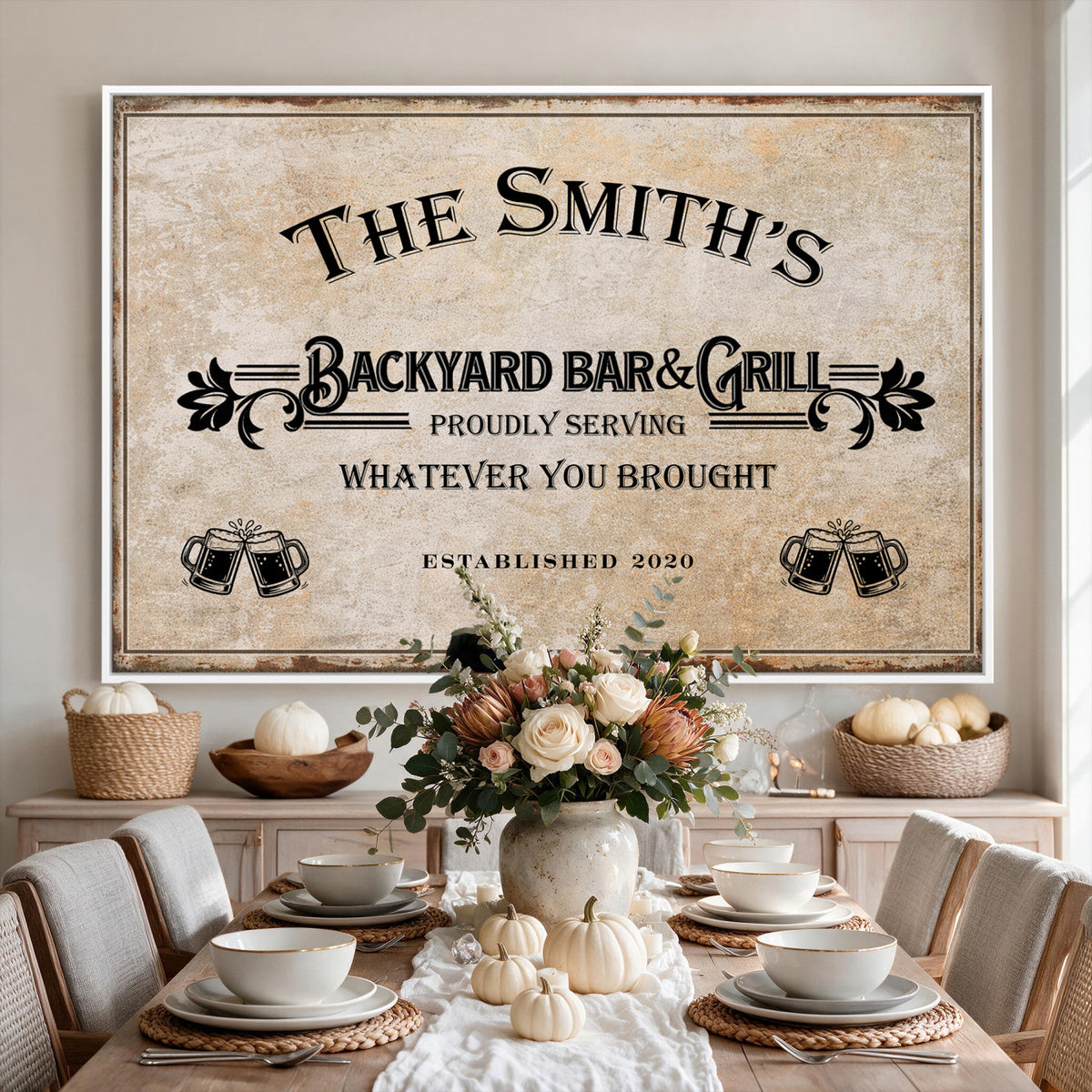 Custom Backyard Bar & Grill Sign, Personalized Family Name Arch Canvas