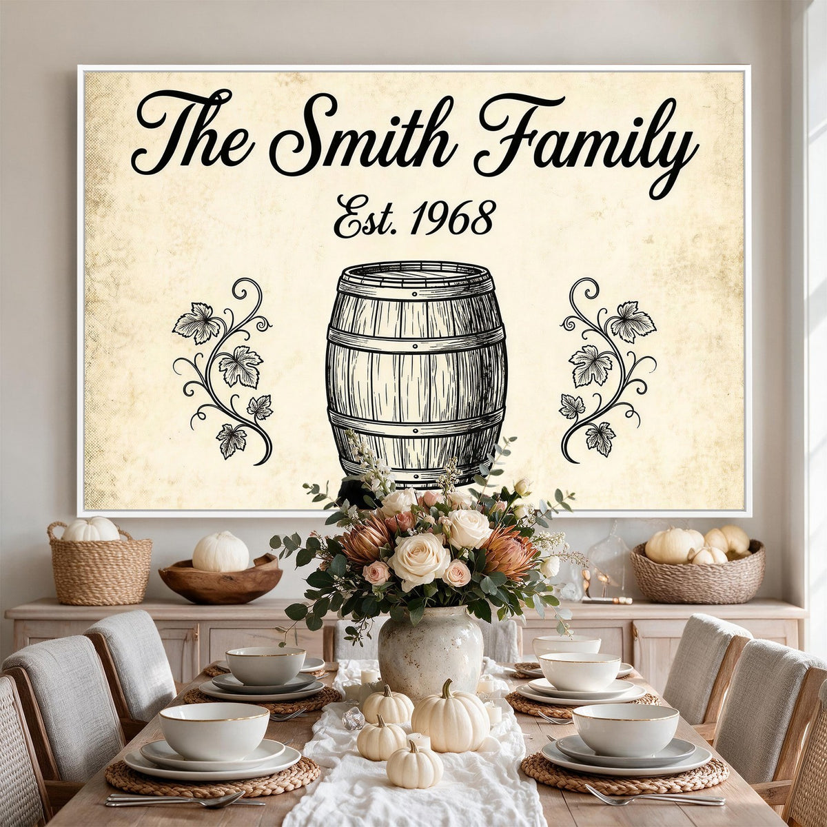 Personalized established sign with black script family name, canvas print