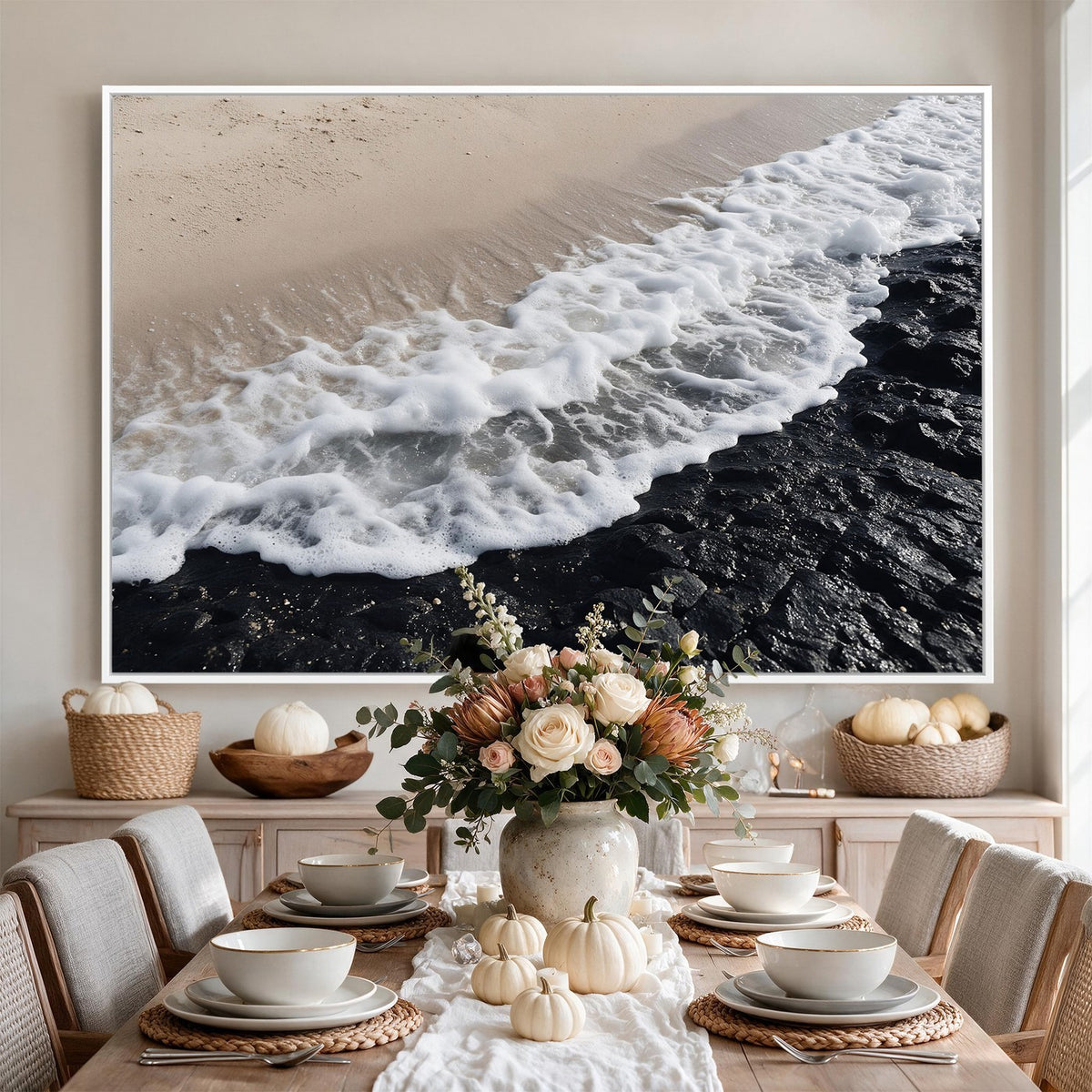 27448606-MGV-CV-24X16 - Ocean Wave Foam on Black Lava Rock Beach Canvas Wall Art Print