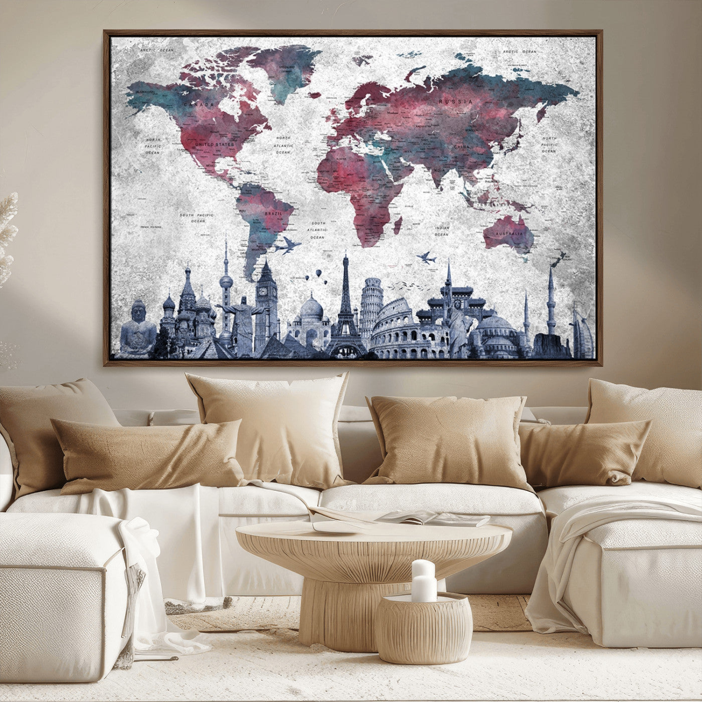 MGV-FC-36X24 - Push Pin World Map Canvas Print – Framed Wall Art for Couples to Track Their Travels – Anniversary