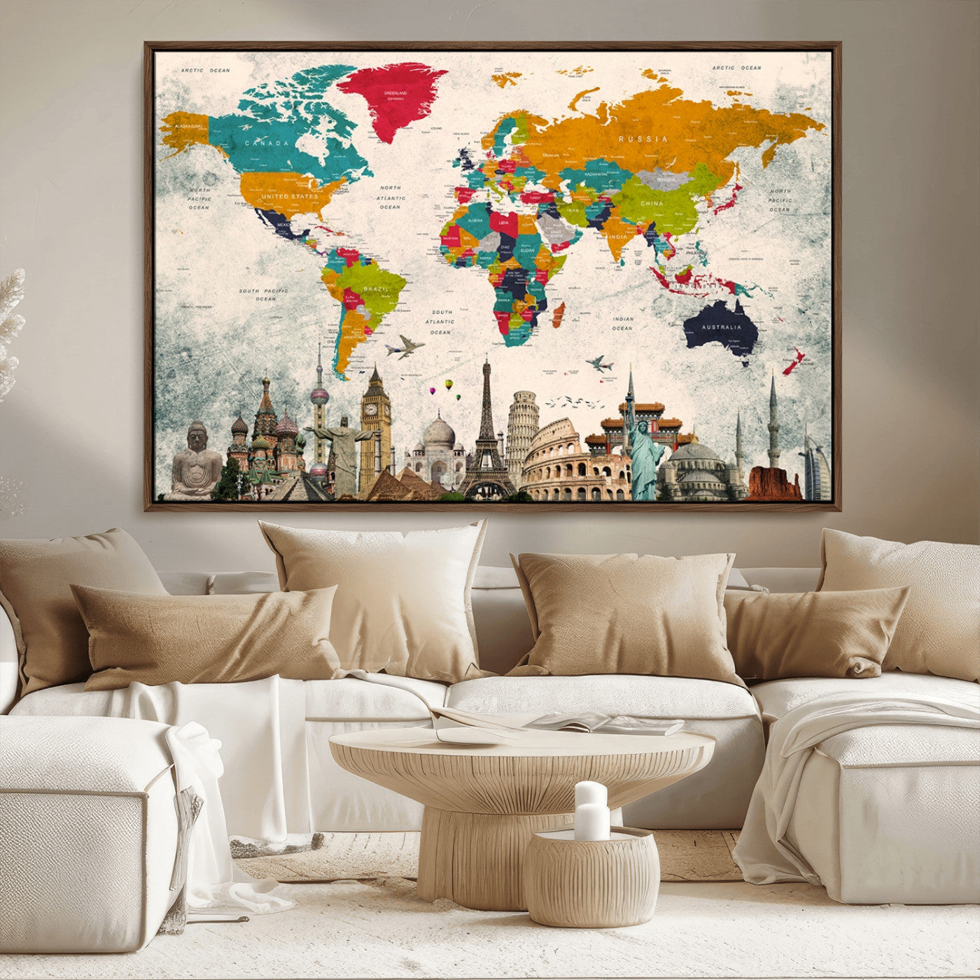 MGV-FC-36X24 - Push Pin World Map Canvas Print – Framed Wall Art for Couples to Track Their Travels – Anniversary