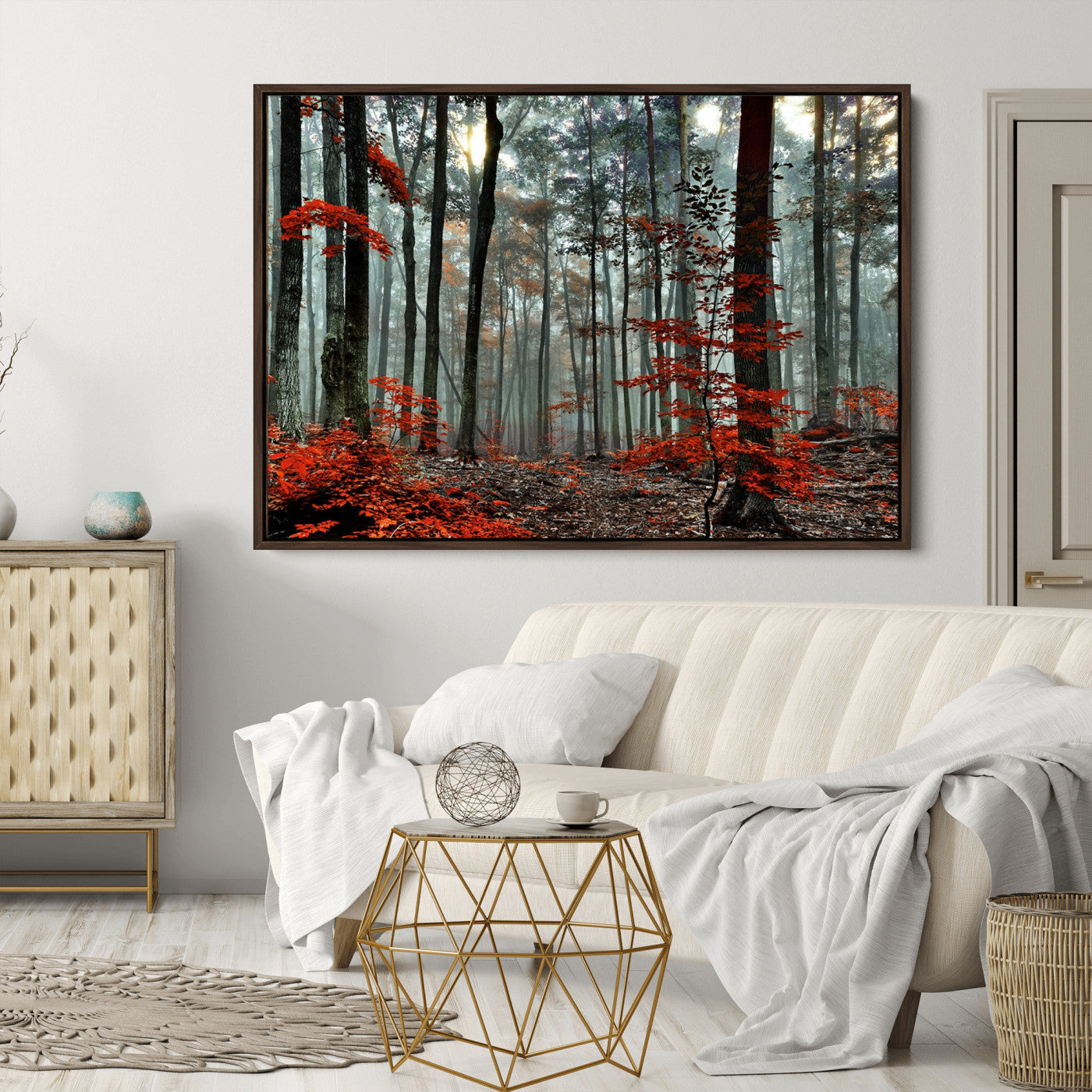 59209-MGV-CV-36X24-Autumn Forest Canvas Wall Art – Enchanting Red Leaves Triptych Print – Nature-Inspired Decor for Living Room or Office – Ready to Hang
