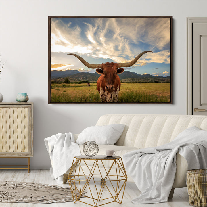 Texas Longhorn Canvas Wall Art – Majestic Triptych Animal Print – Rustic Western Decor for Living Room or Office – Ready to Hang
