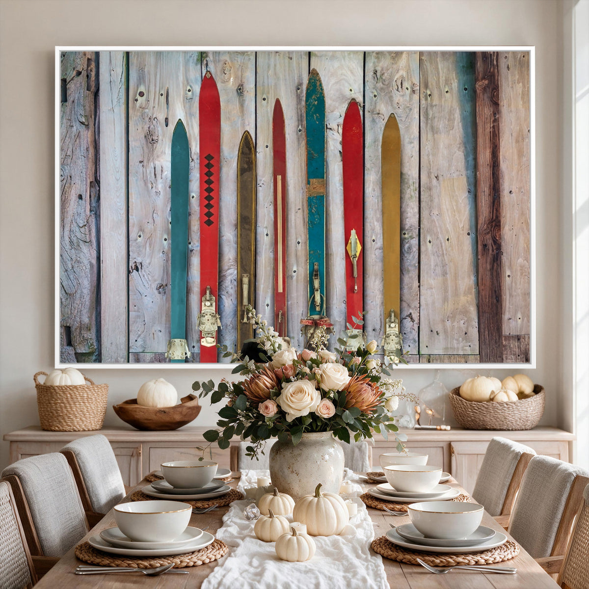 30640-MGV-CV-36X24 - Vintage Wooden Weathered Skis in Front of an Old Barn Wall Art Canvas Print
