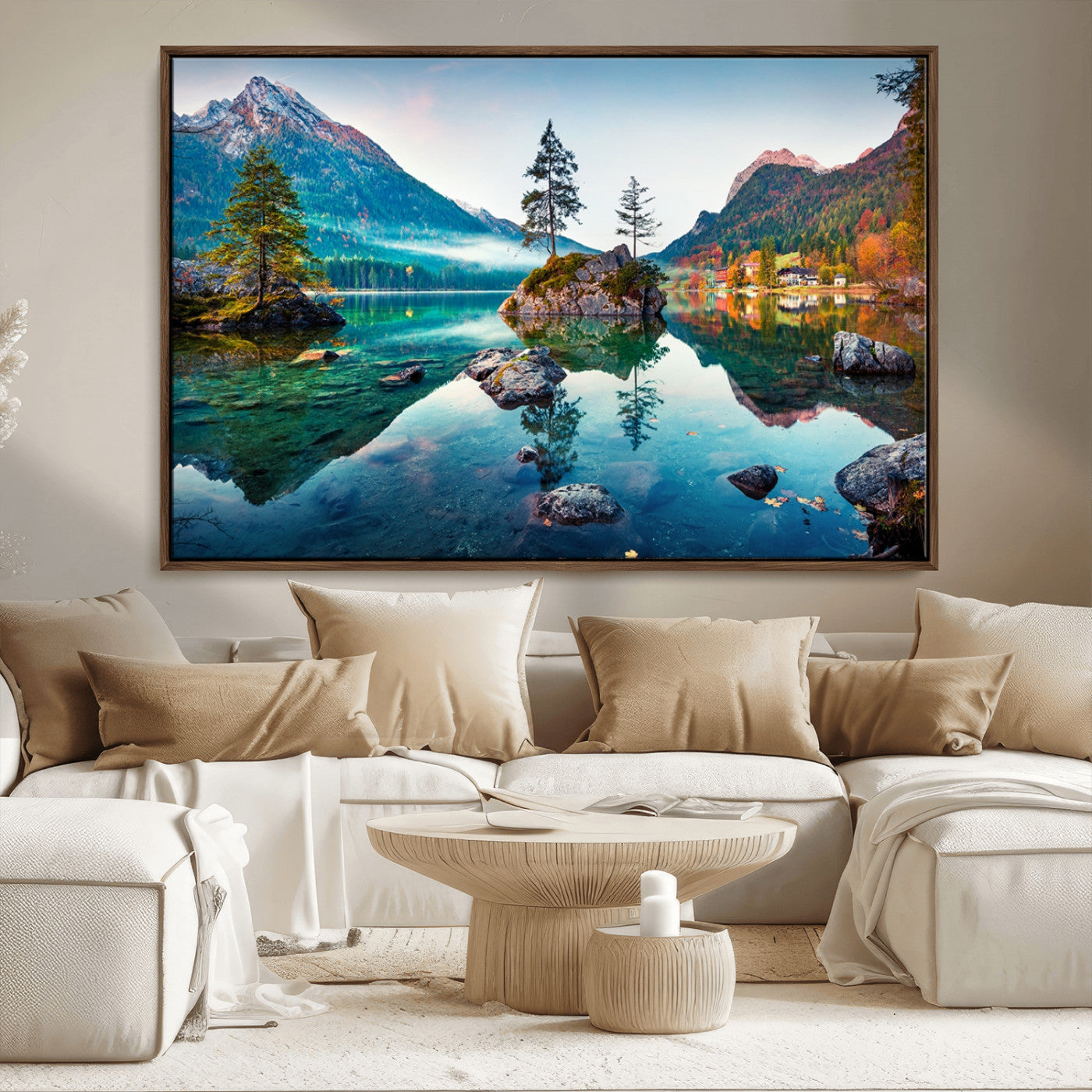 55009-MGV-FC-36X24_Walnut-Crystal Clear Lake Wall Art | Mountains Wall Art Canvas | 3 Panel Large Landscape Print for Dining