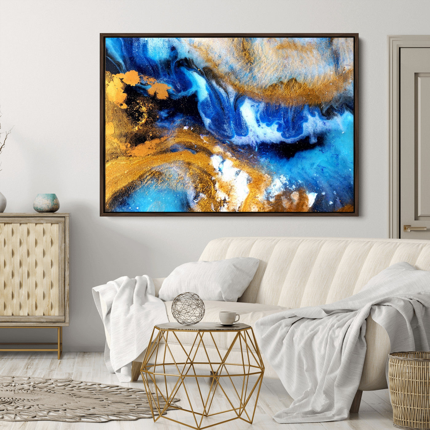 42100-MGV-CV-36X24-Blue Orange Marble Fluid Effect Canvas Wall Art Print