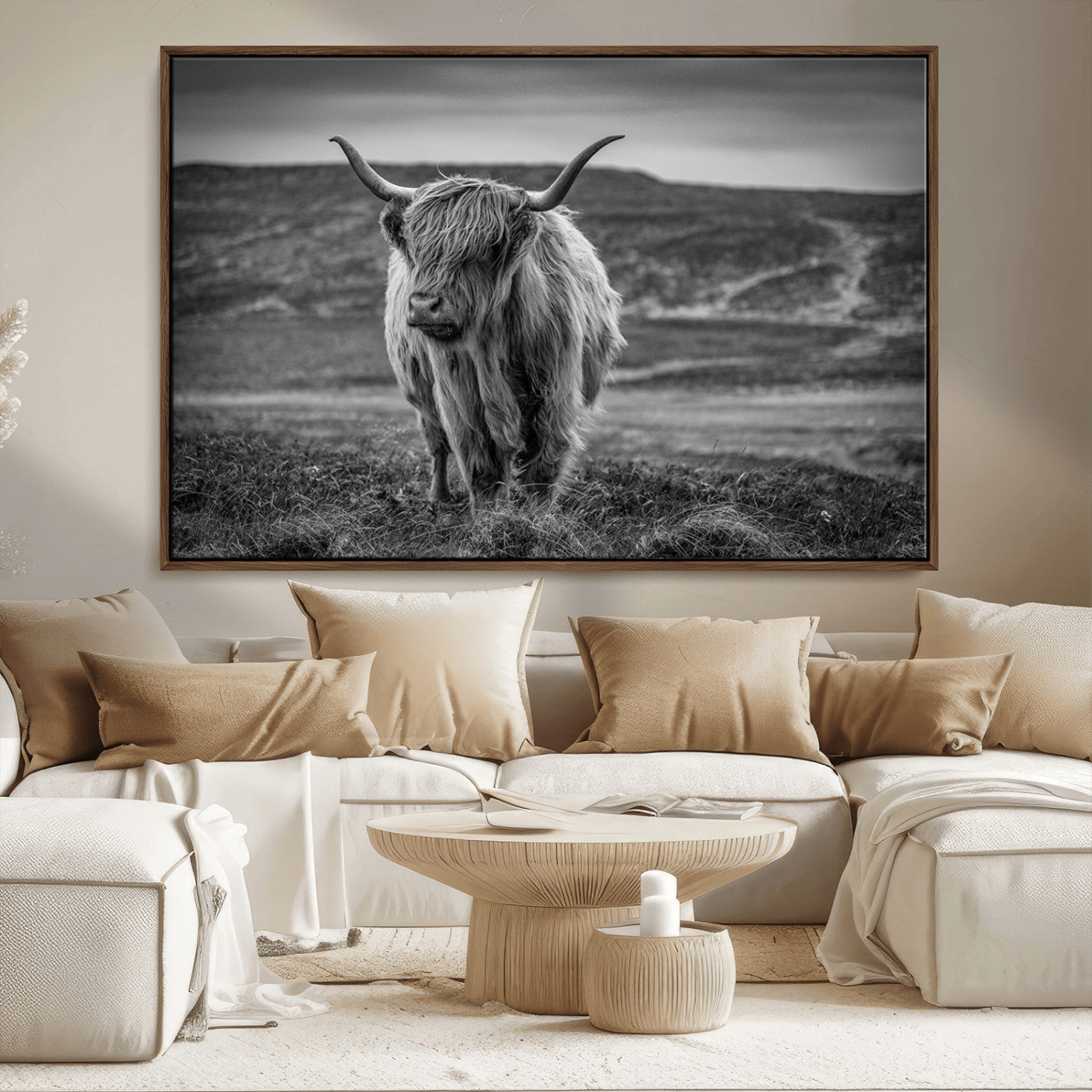 MGV-FC-36X24 - Fluffy Cattle Wall Art Print, Highland Cow Canvas, Framed Black and white Wall Art