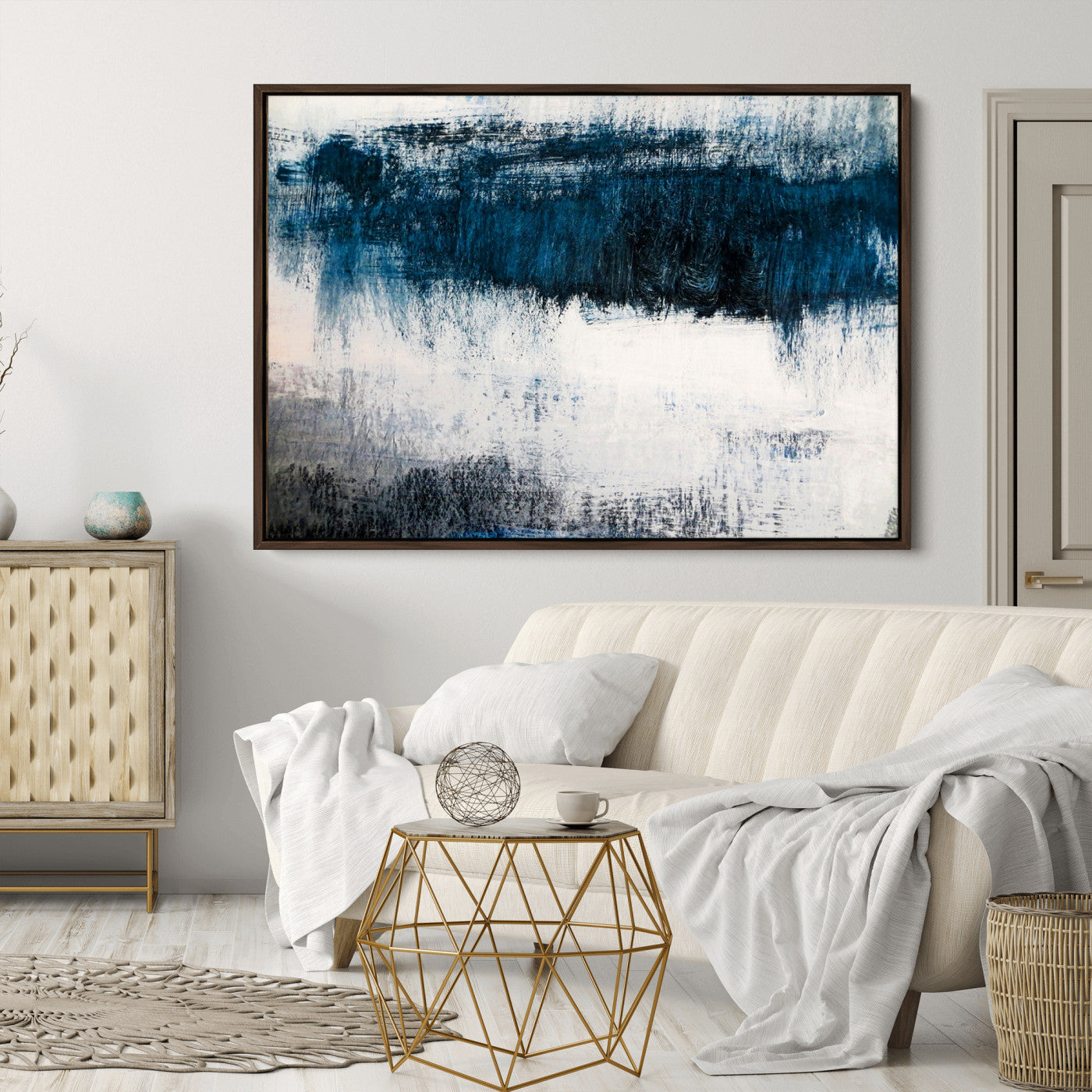 38954-MGV-CV-36X24-Abstract Blue and White Canvas Art | Large Wall Art for Modern Living Room Decor | Minimalist Brushstroke Painting on Canvas
