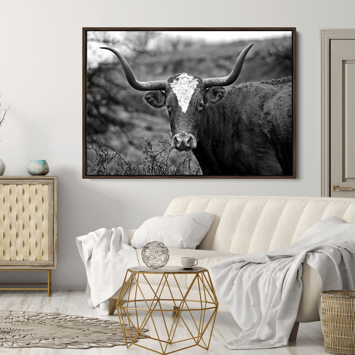 76200-MGV-CV-36X24-Western Home Wall Art Canvas Print, Framed Texas Longhorn Art Picture Print, Rustic Cow Perfect Rustic Farmhouse Decor Artwork
