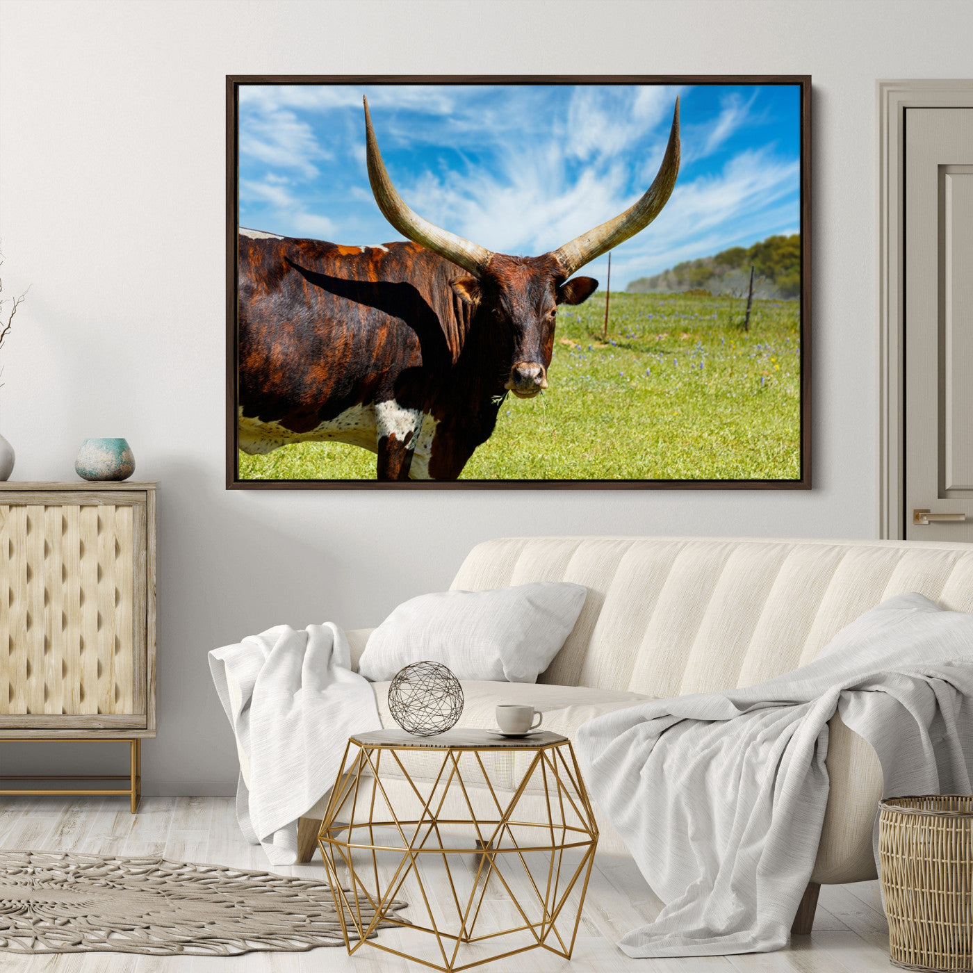 47037-MGV-CV-36X24-Longhorn and Cow Wall Art, Country Cow Wall Decor Canvas Print