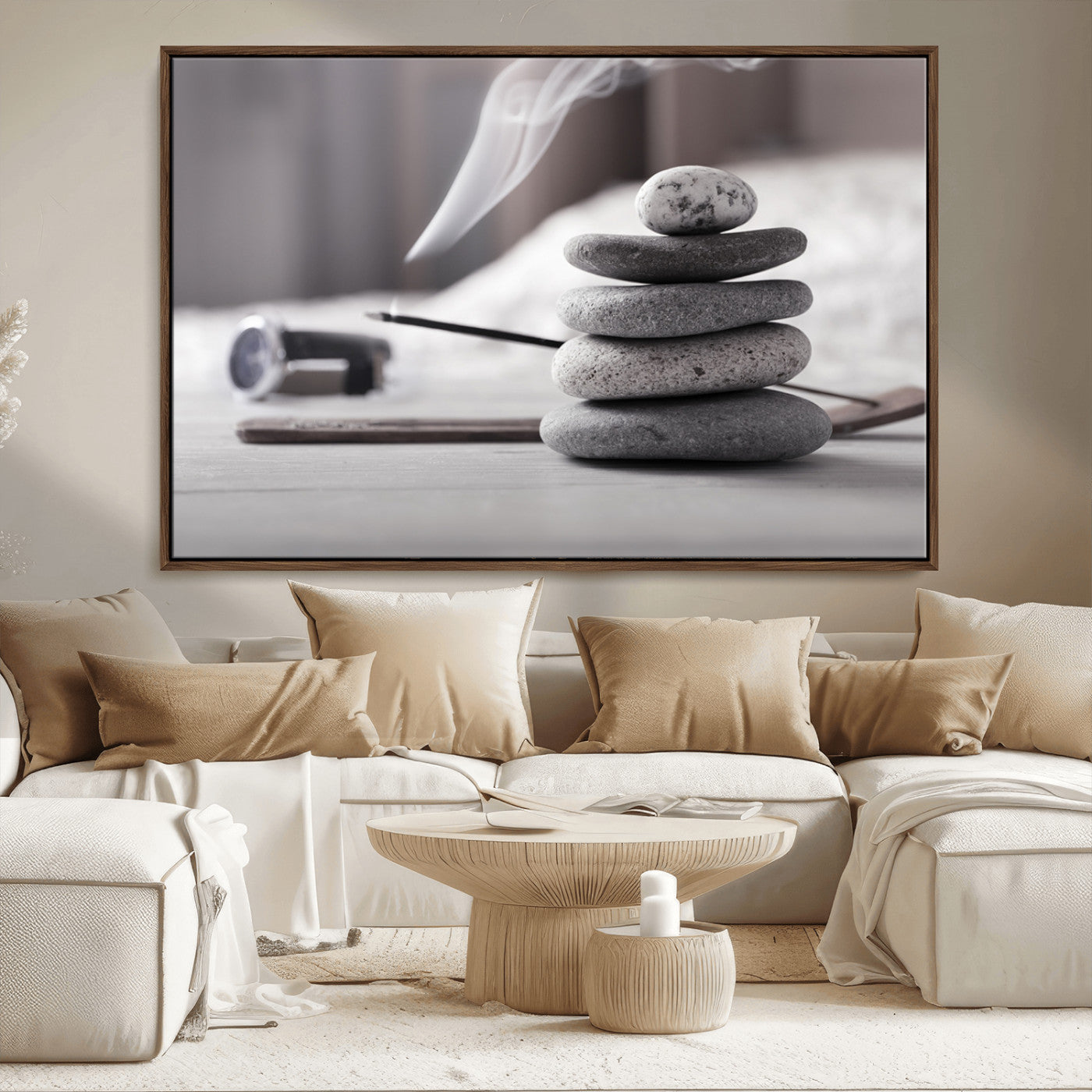 MGV-FC-36X24 - Burning Incense and Zen Stones Buddhism Wall Art, Zen Stones Wall Art Canvas Print