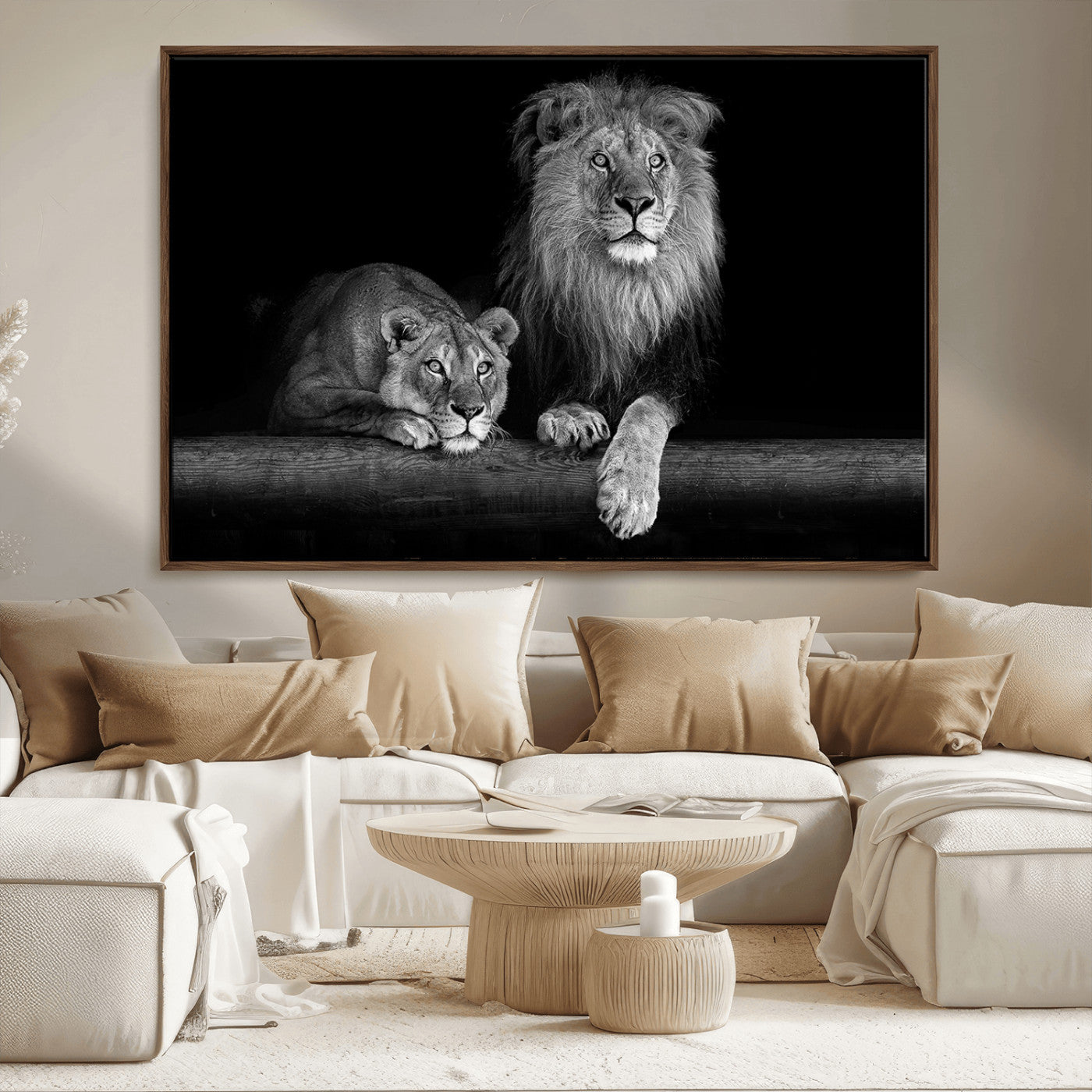 MGV-FC-36X24 - Large Black and White Lion Couple Wall Art Canvas Print