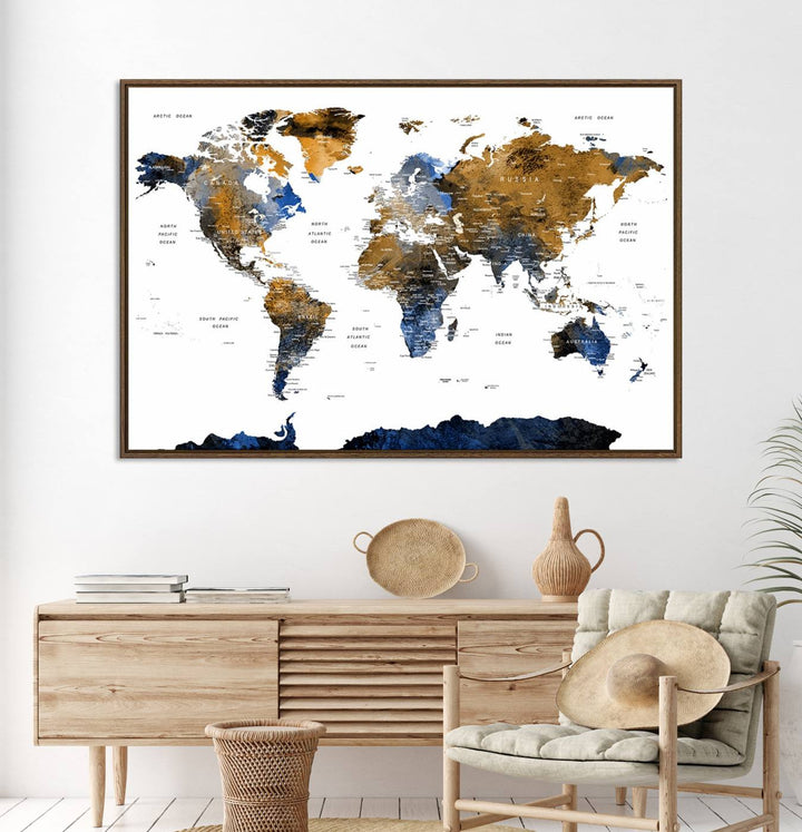 Modern Blue and Brown World Map Canvas Wall Art – Triptych Map Print – Global Decor for Living Room or Office – Ready to Hang