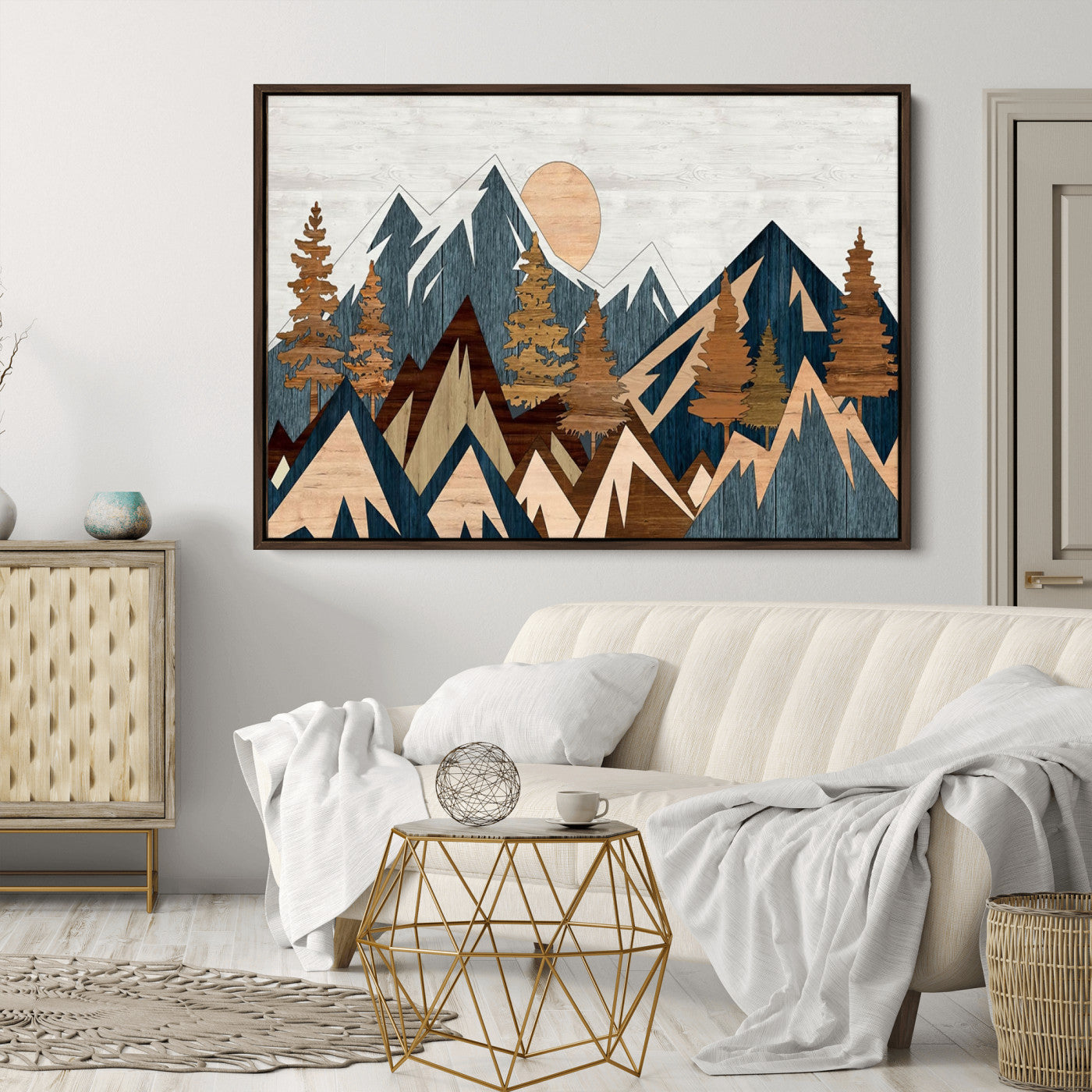 91467-MGV-CV-36X24-Abstract Wood Panel Effect Mountain Range Top Wall Art Canvas Print